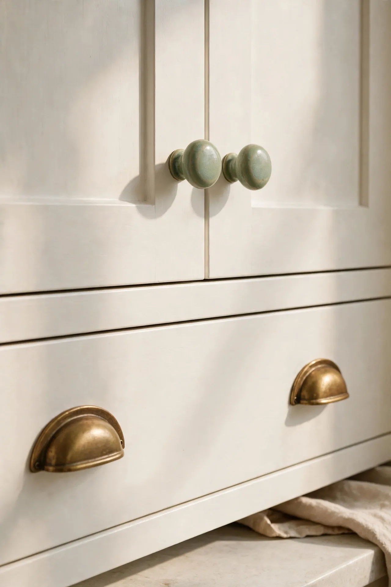 White kitchen cabinets with sage green ceramic knobs and brass cup pulls