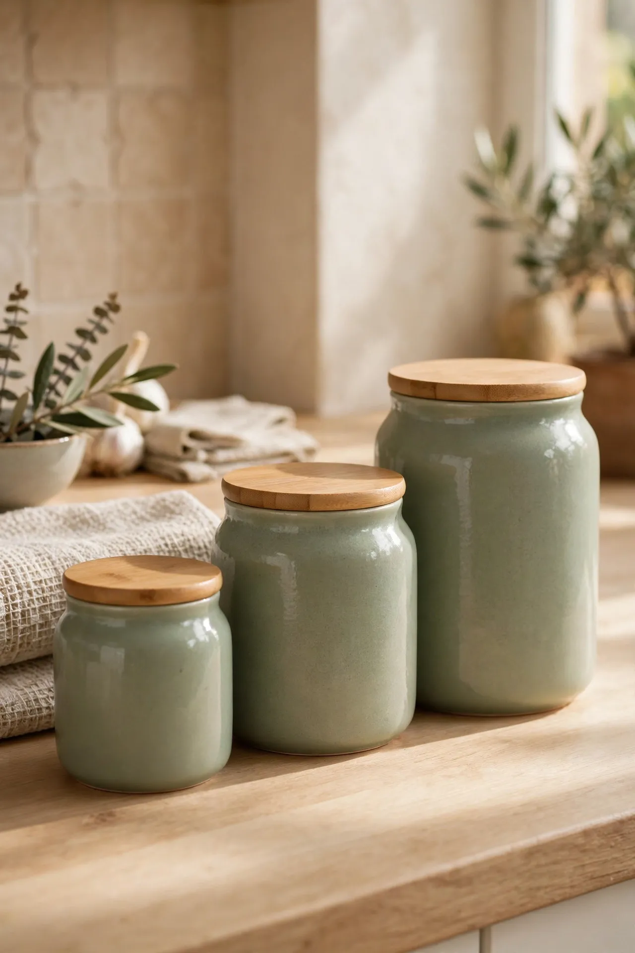 Row of sage green storage canisters lined up on a kitchen counter