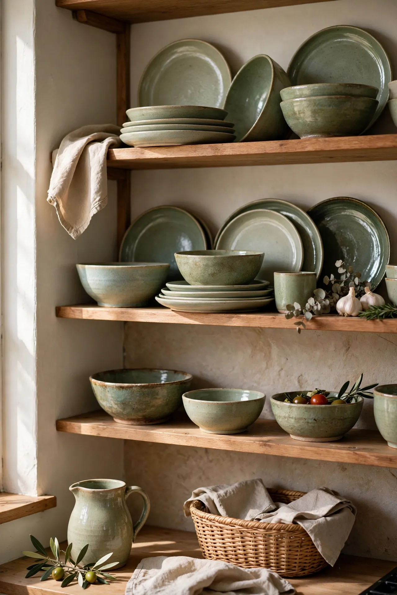 Sage green glazed stoneware plates and bowls displayed on kitchen shelves
