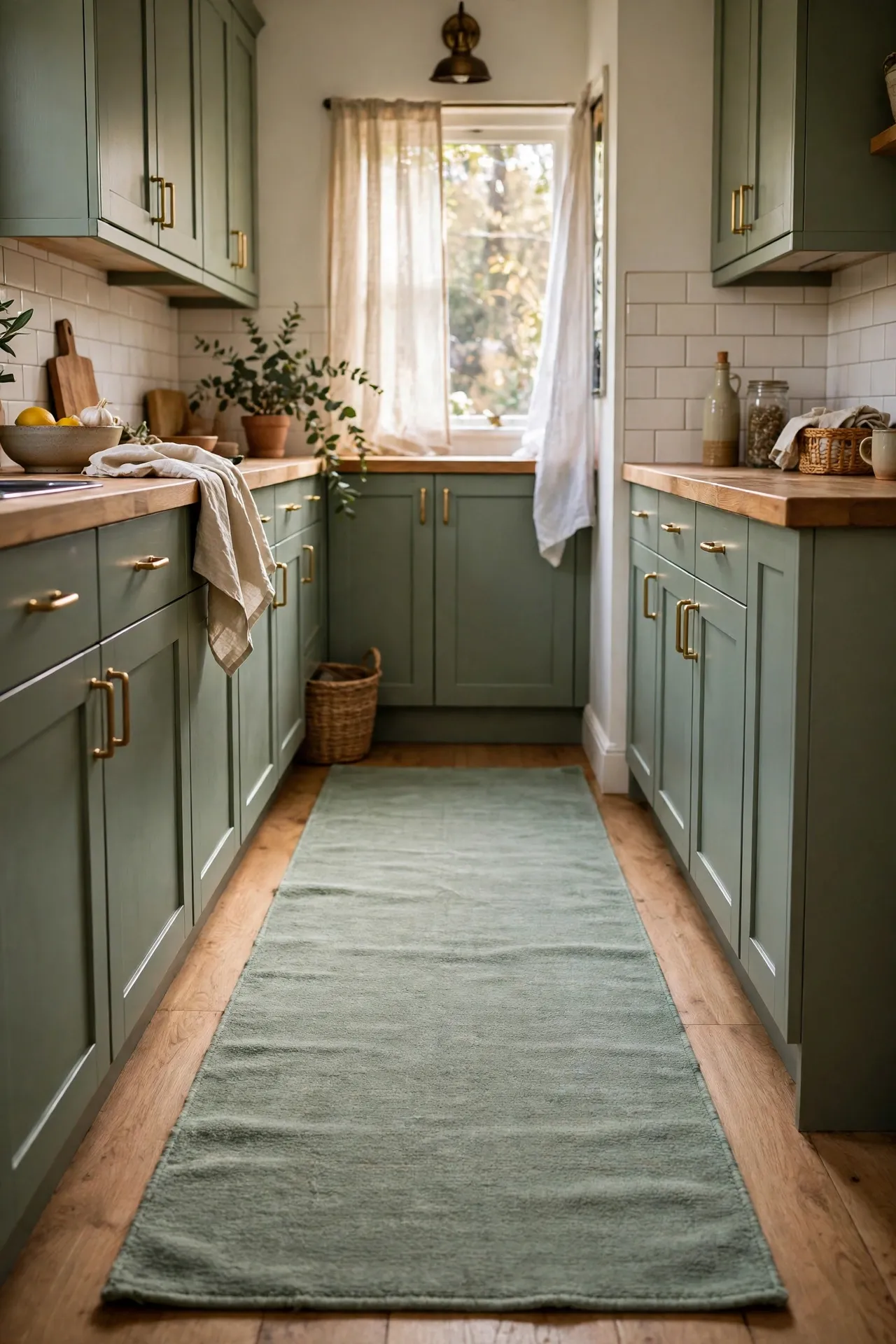 Sage green washable runner rug along a kitchen work aisle