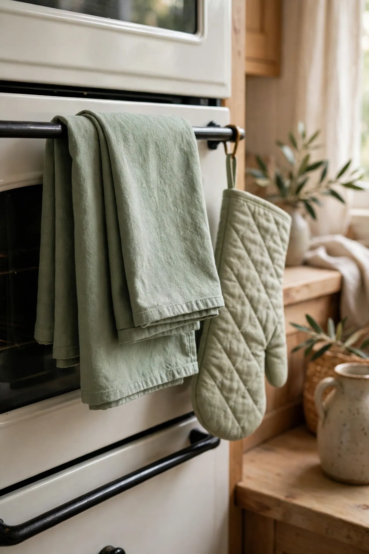 Sage green cotton tea towels folded over a kitchen oven rail