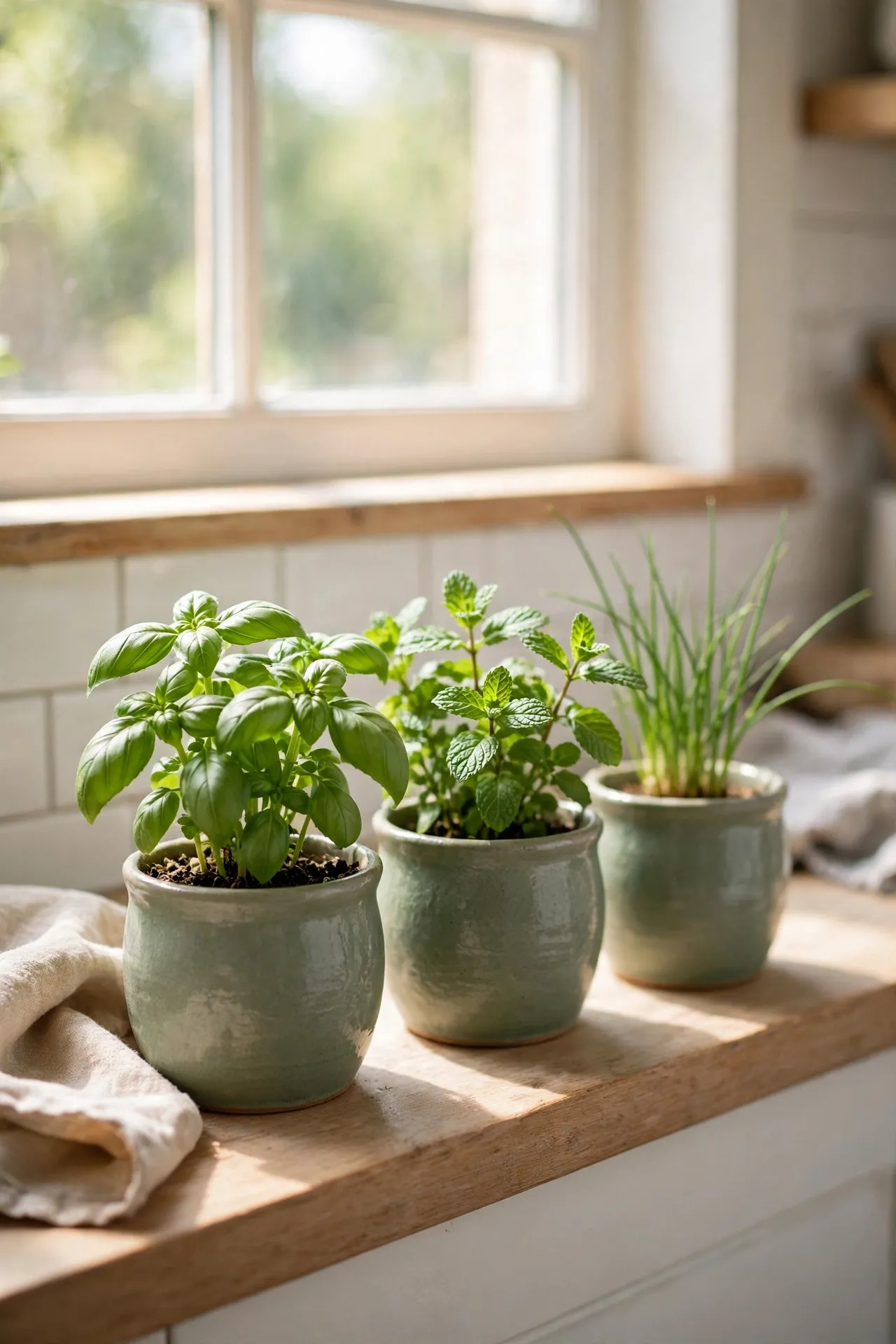 Fresh herbs growing in sage green ceramic pots on a kitchen windowsill
