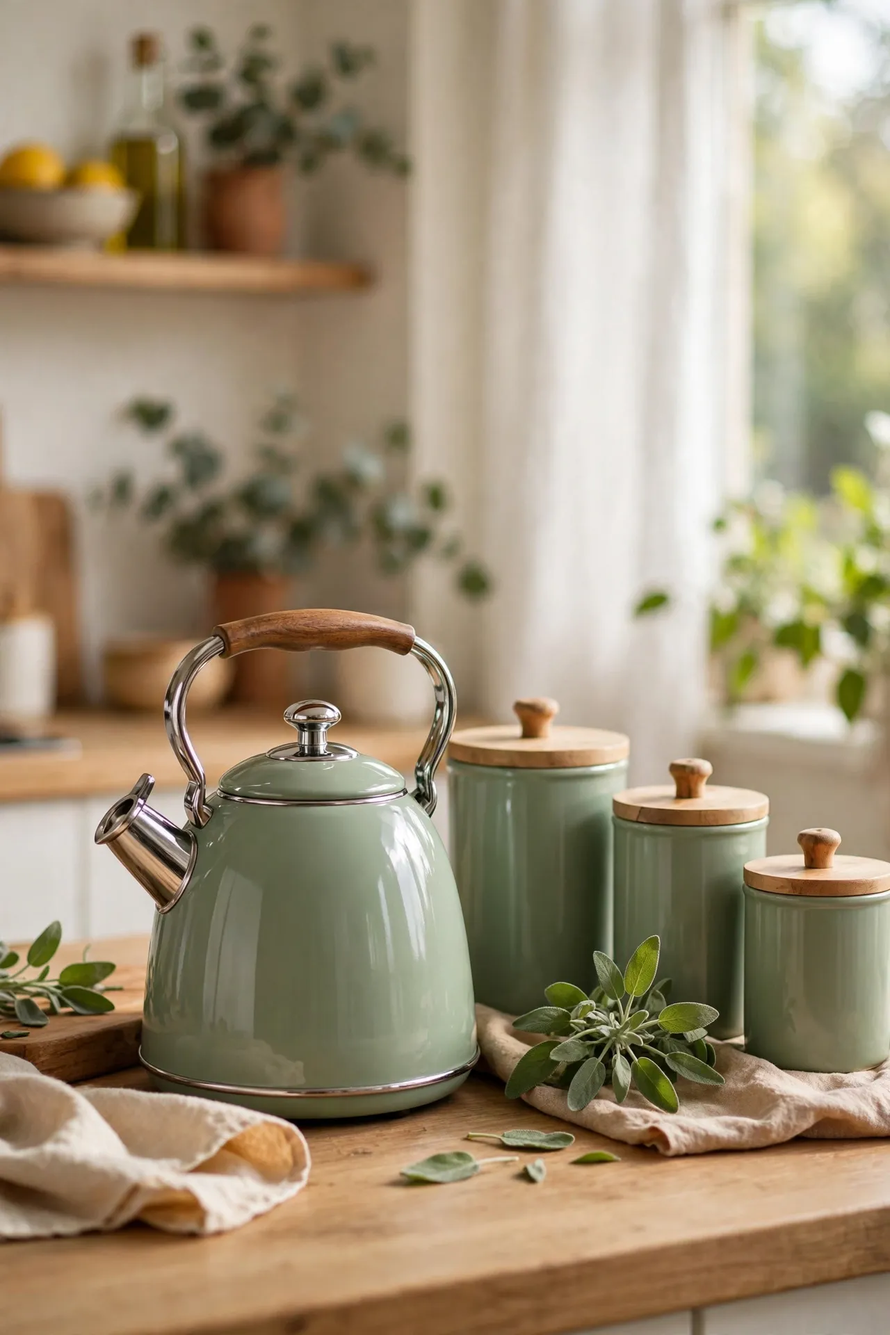 Sage green retro kettle as a statement piece on a kitchen counter