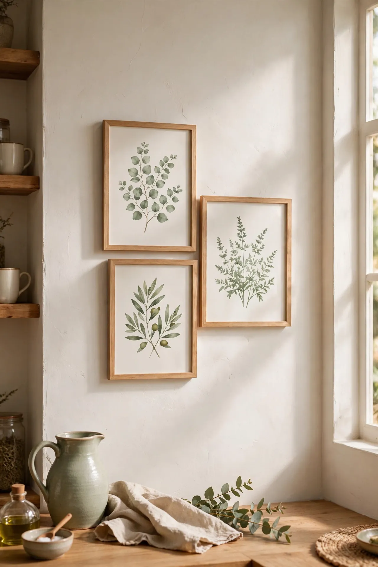 Cluster of framed botanical prints with sage green tones on a kitchen wall