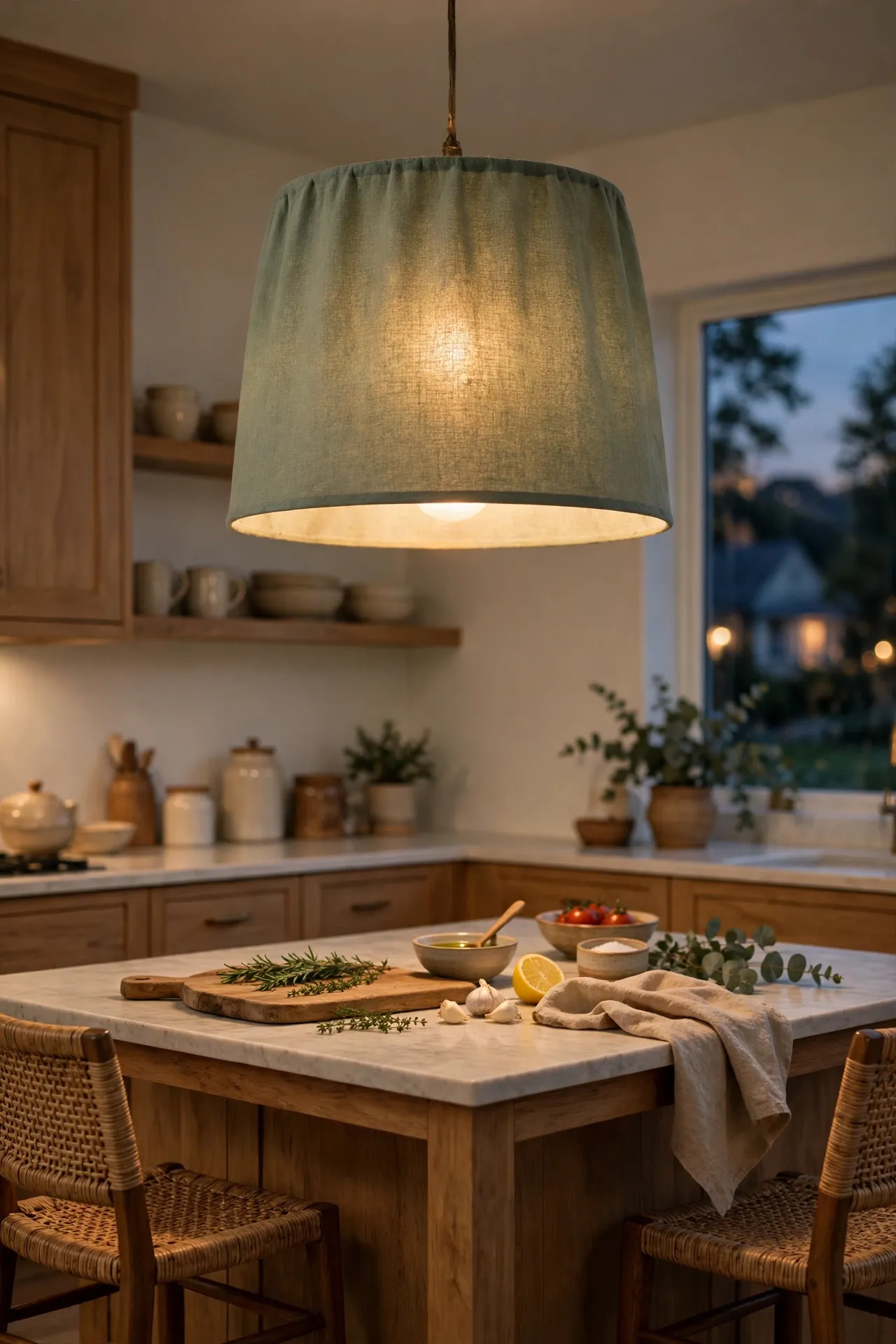 Sage green fabric pendant shade glowing over a kitchen island