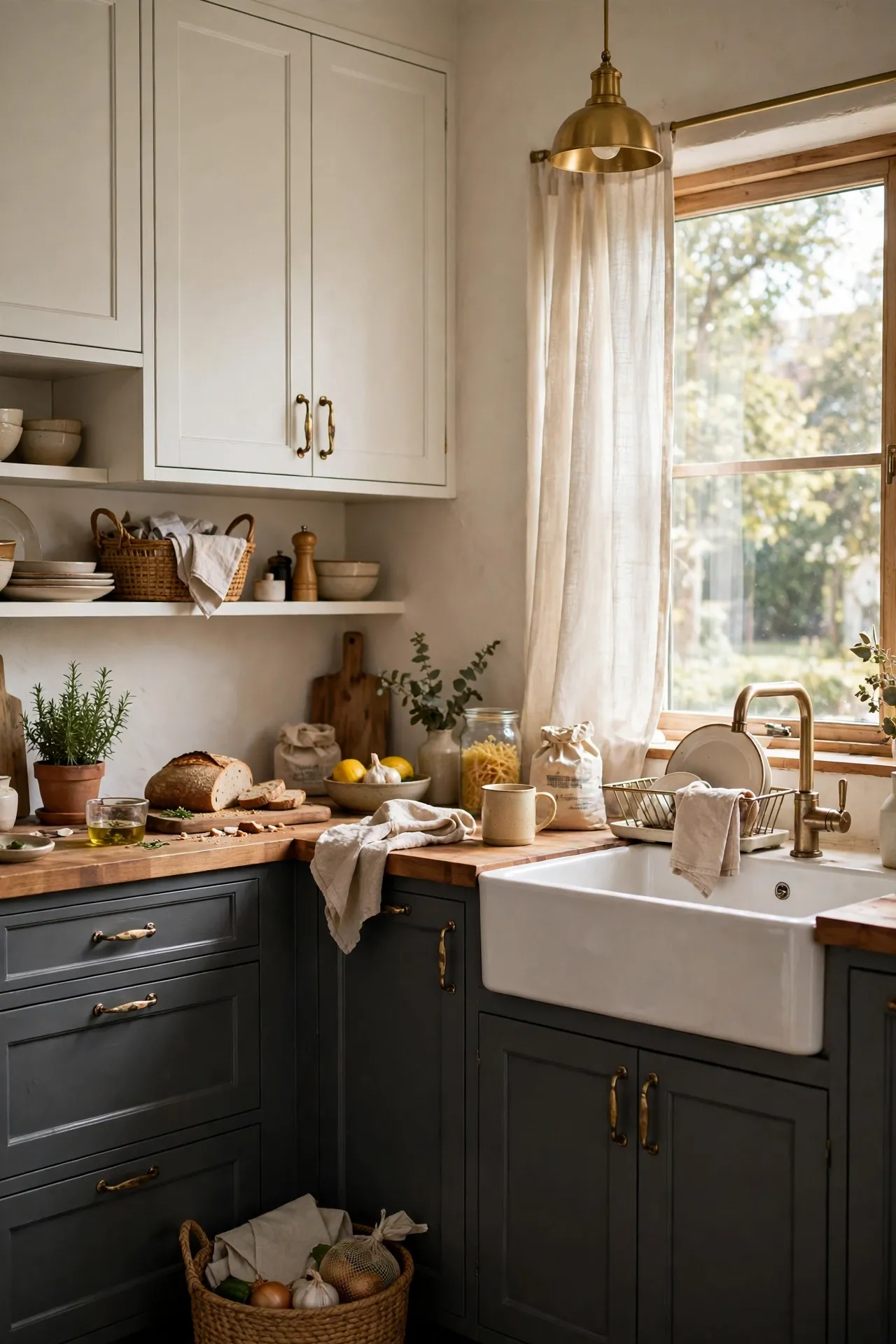 Charcoal gray lower kitchen cabinets with white upper cabinets