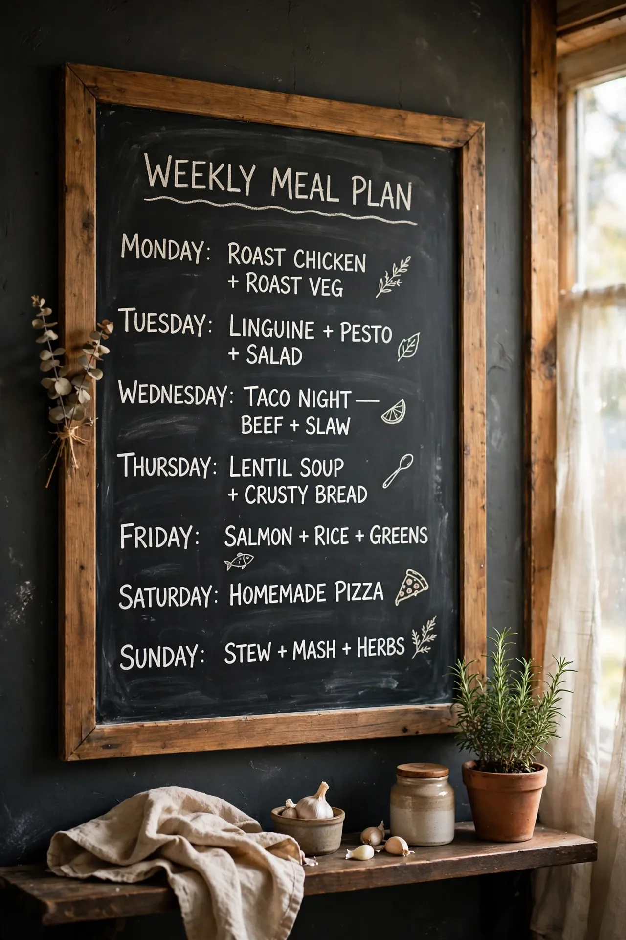Charcoal chalkboard paint wall with meal plan written in chalk