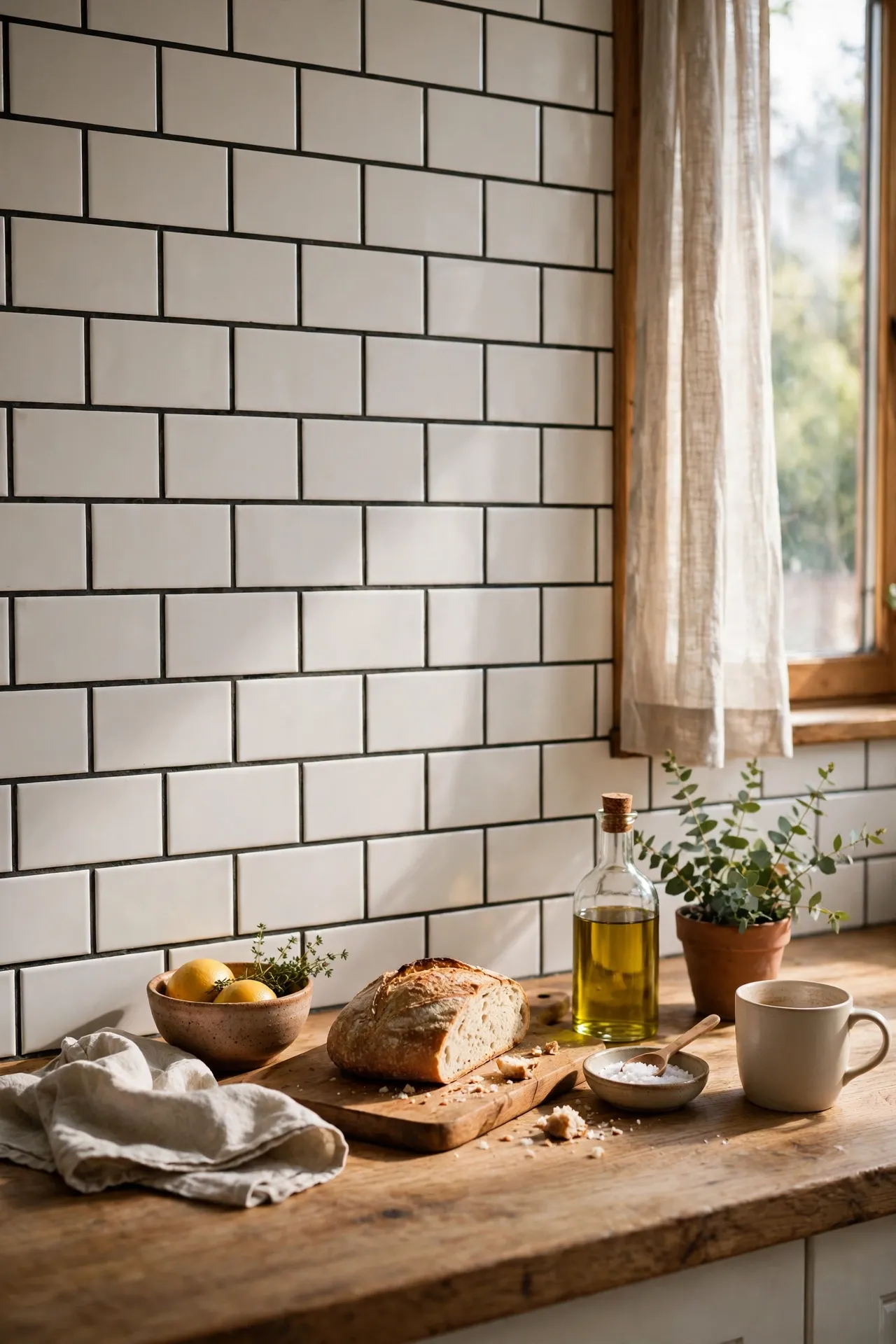 White kitchen tiles with fresh charcoal gray grout lines