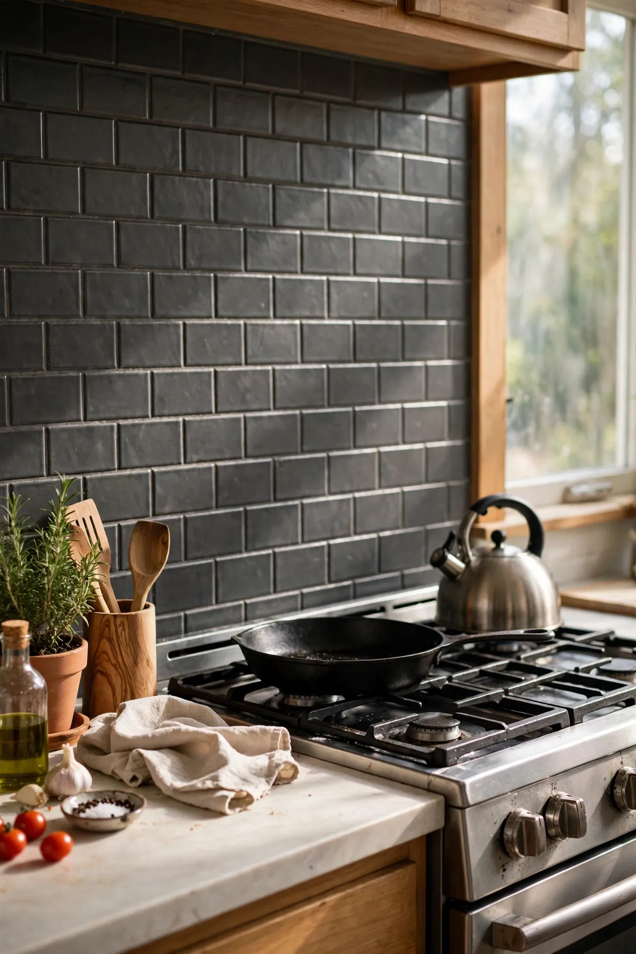 Charcoal peel-and-stick subway tiles behind kitchen cooker