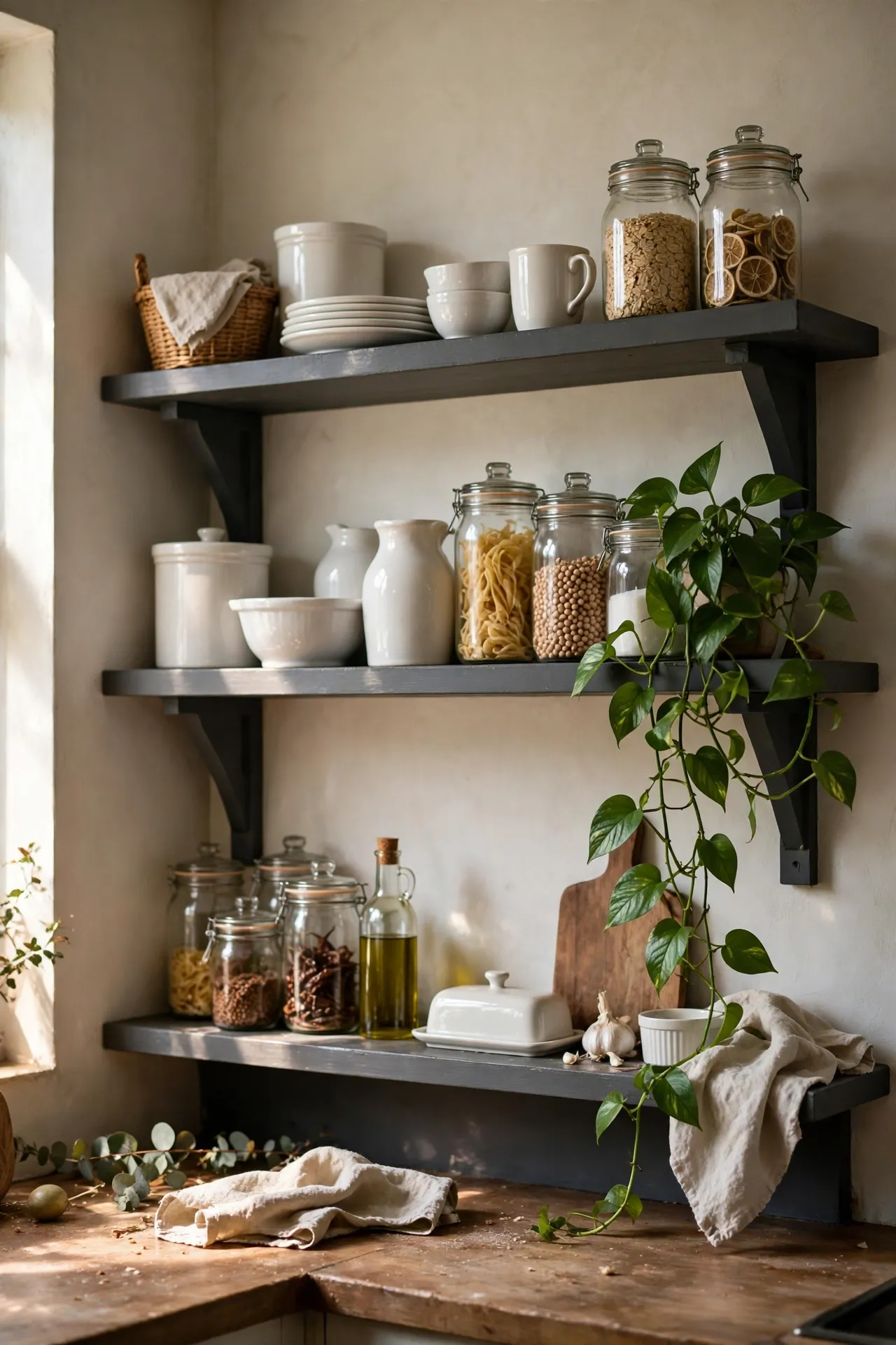 Charcoal gray open kitchen shelves with styled crockery