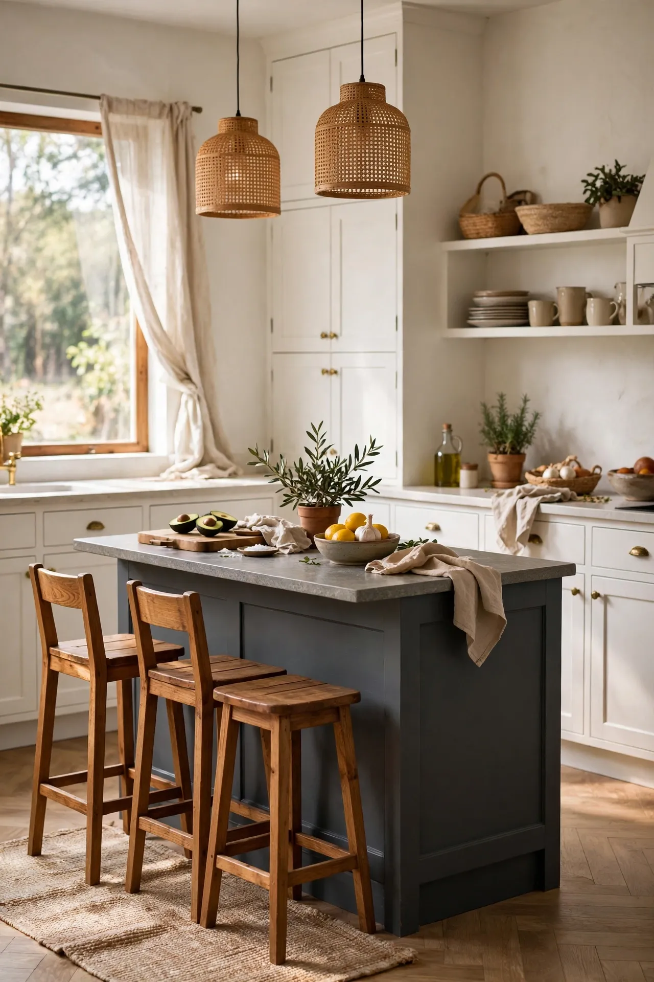Charcoal gray painted kitchen island with white cabinets