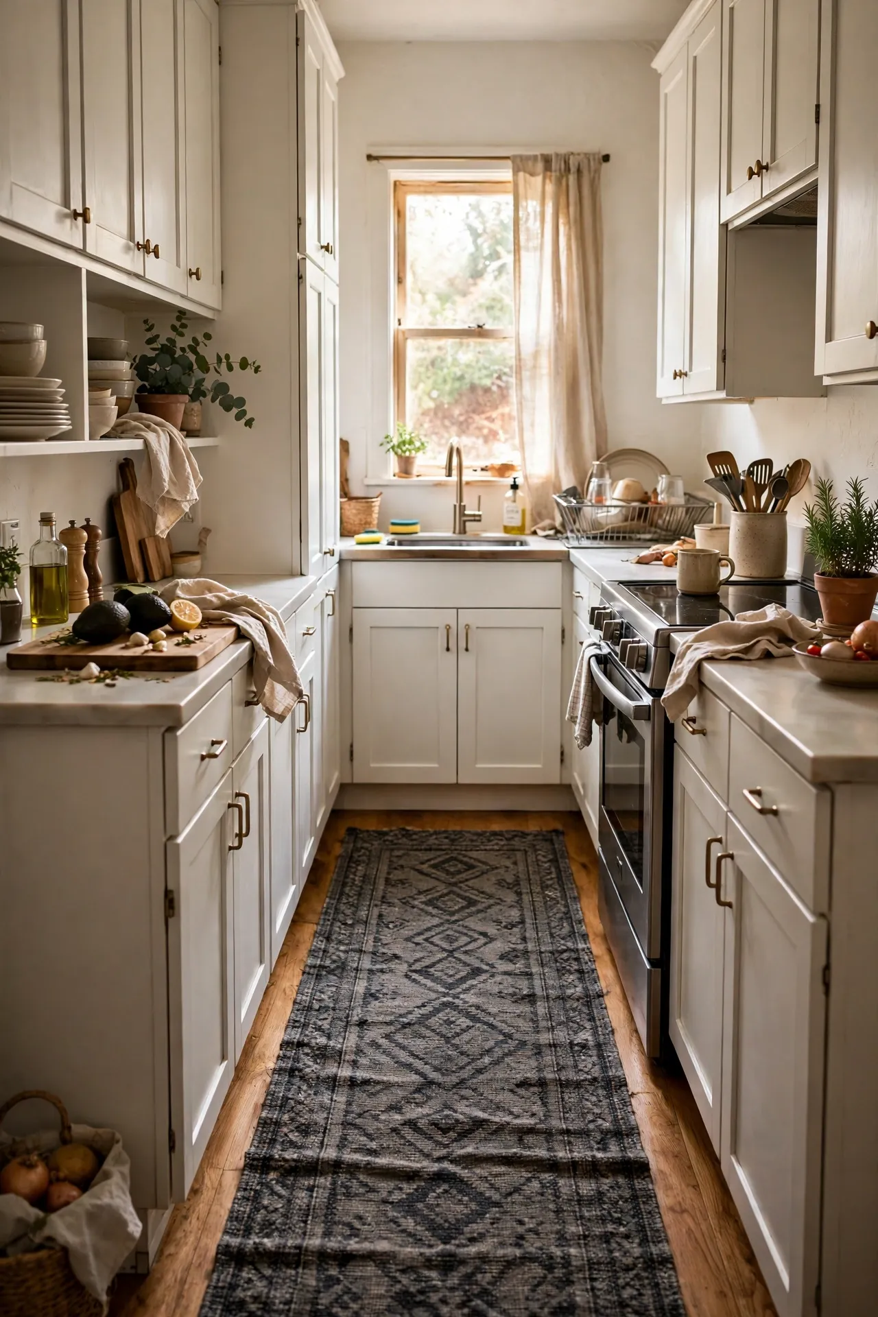 Charcoal patterned runner rug in a galley kitchen