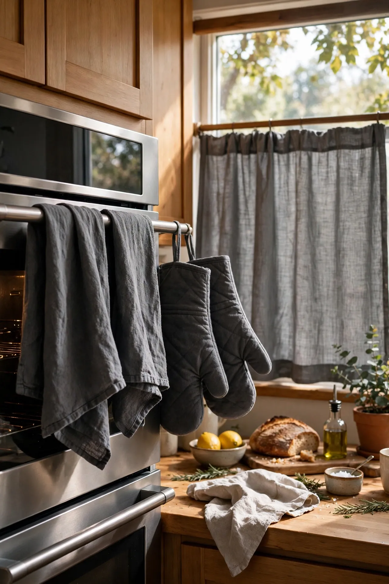 Charcoal gray tea towels and oven mitts in a kitchen