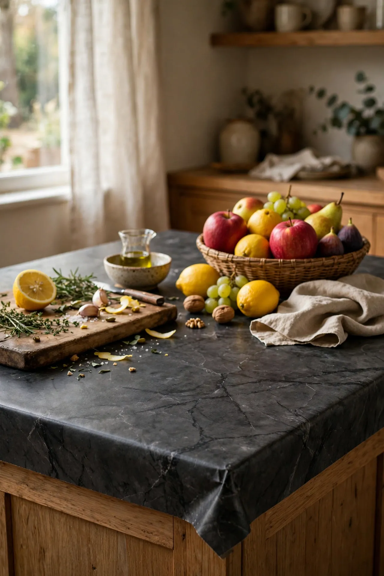 Kitchen countertop covered in charcoal marble contact paper
