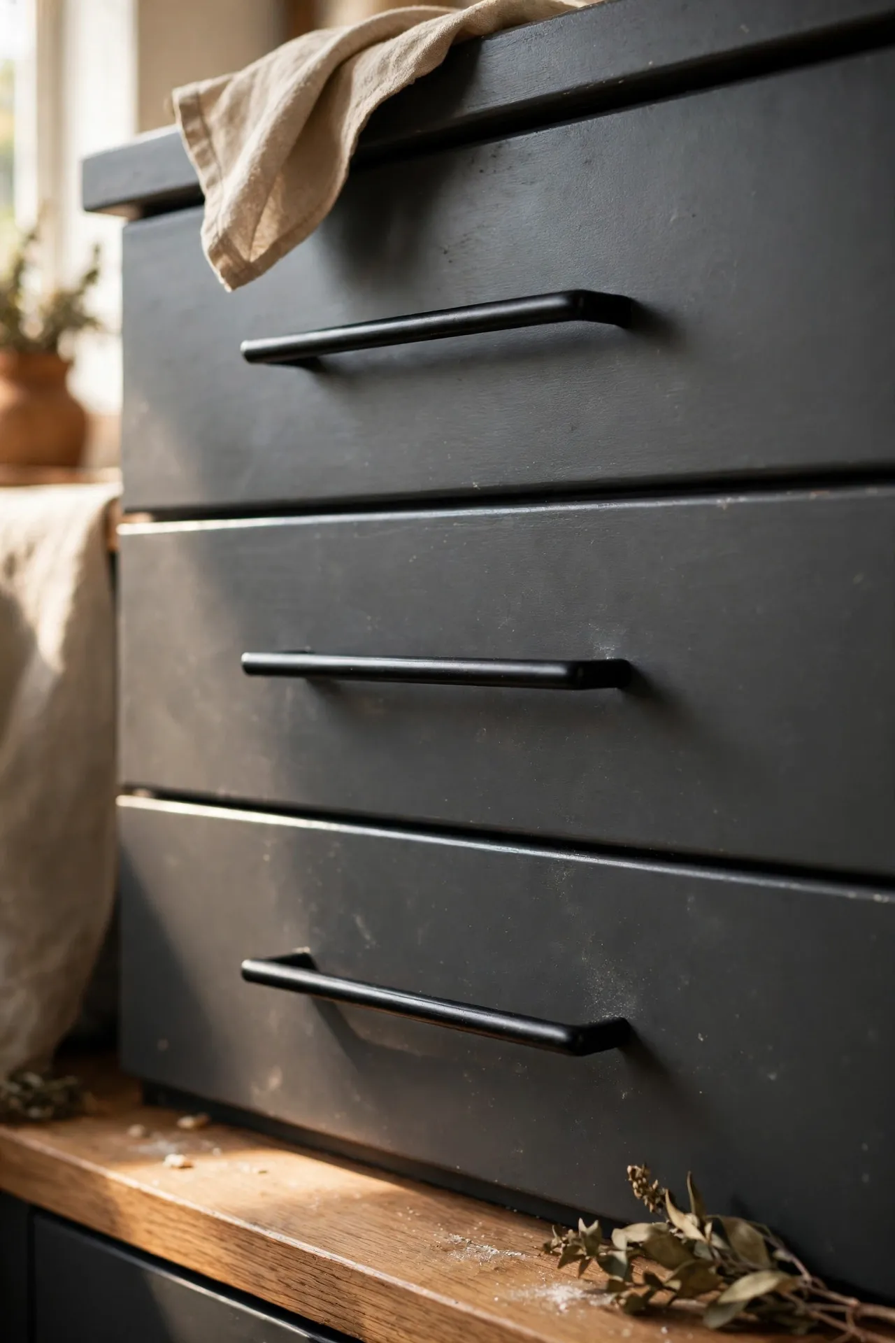 Matte black cabinet handles on charcoal kitchen drawers