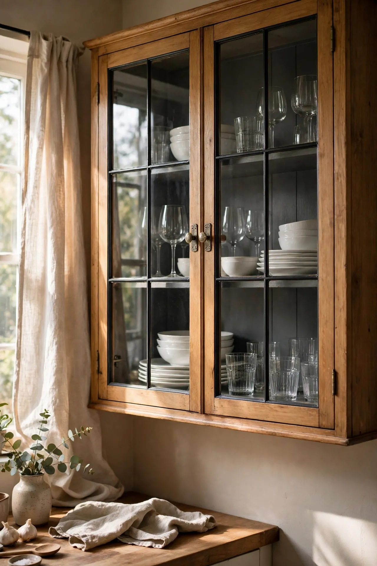 Glass-front kitchen cabinet with charcoal painted interior