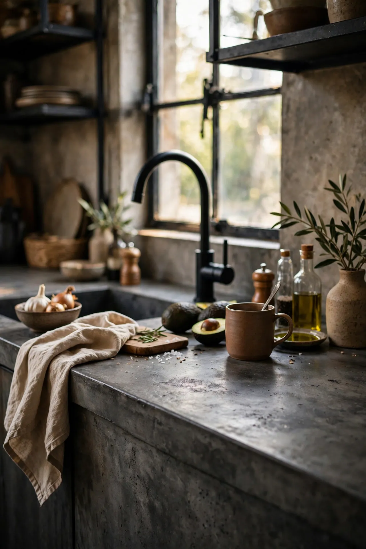 Charcoal concrete-effect painted laminate kitchen worktop