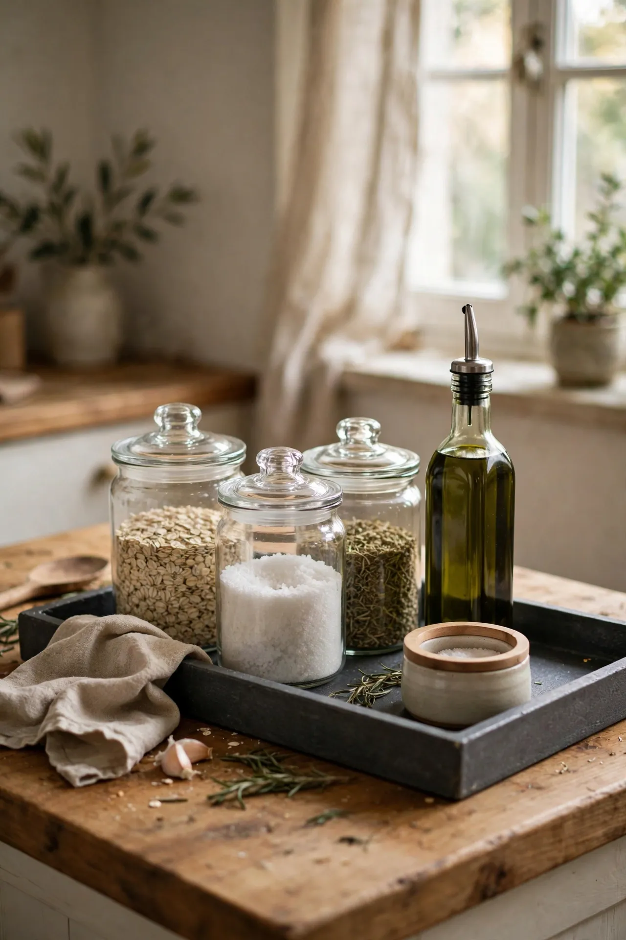 Charcoal tray with glass canisters on a kitchen counter