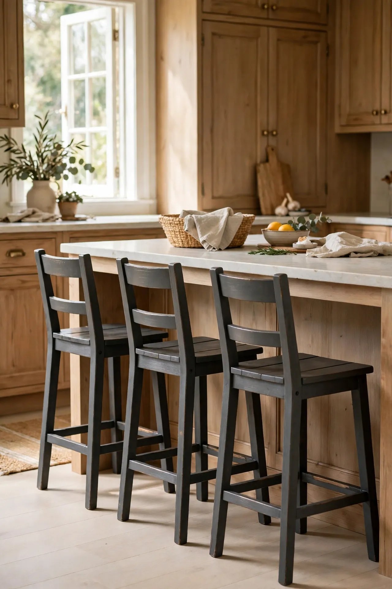 Wooden bar stools painted charcoal gray at a kitchen island
