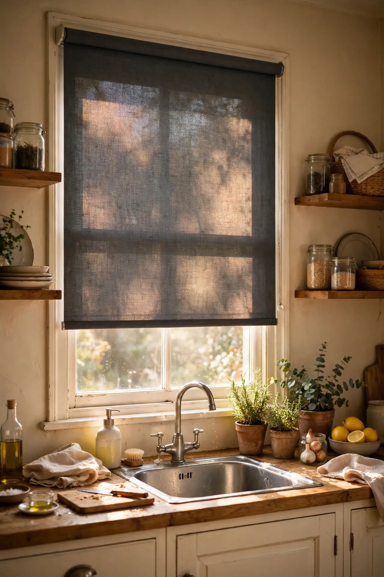Charcoal gray roller blind at a kitchen window