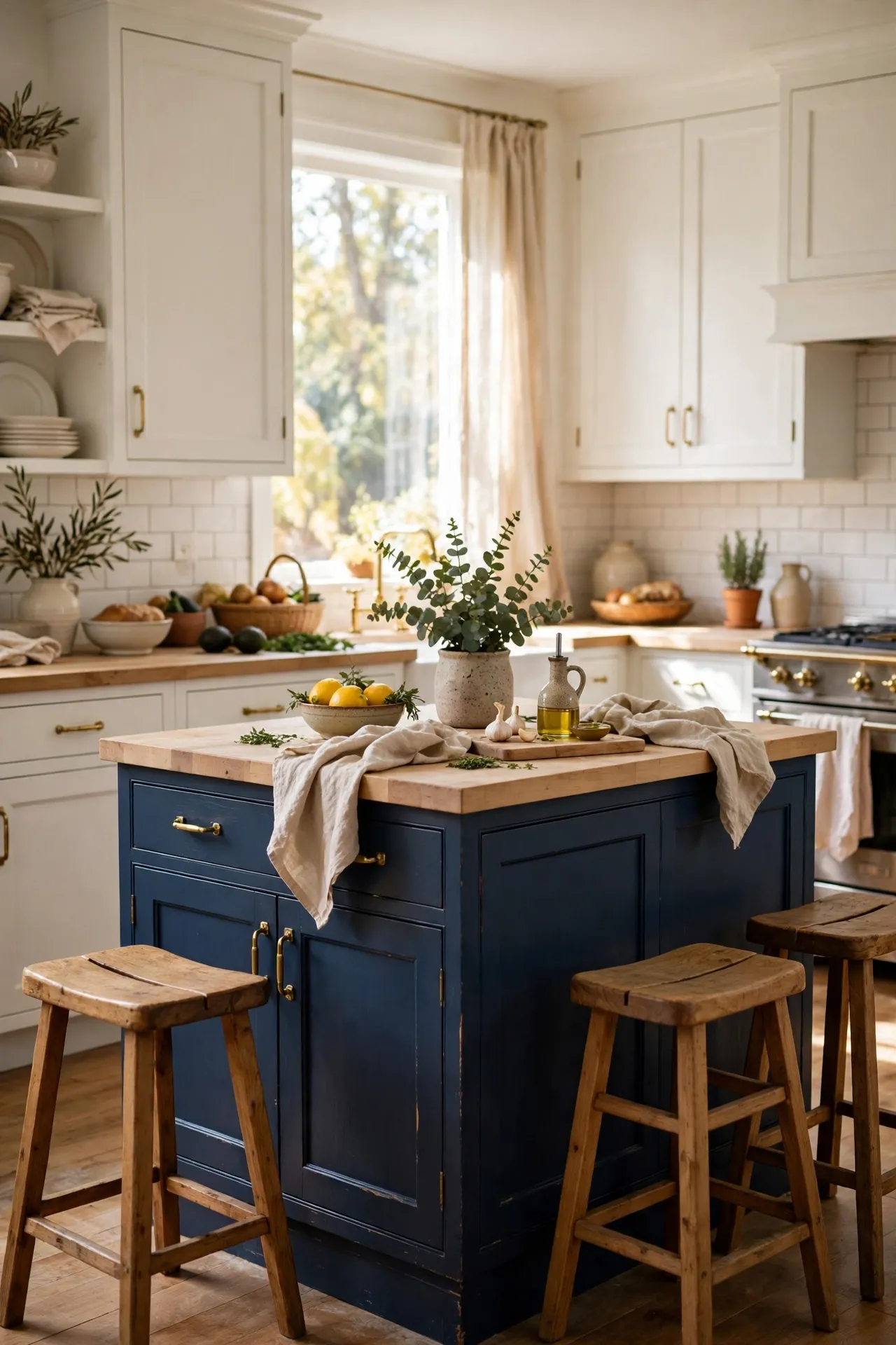 Navy blue painted kitchen island with brass handles