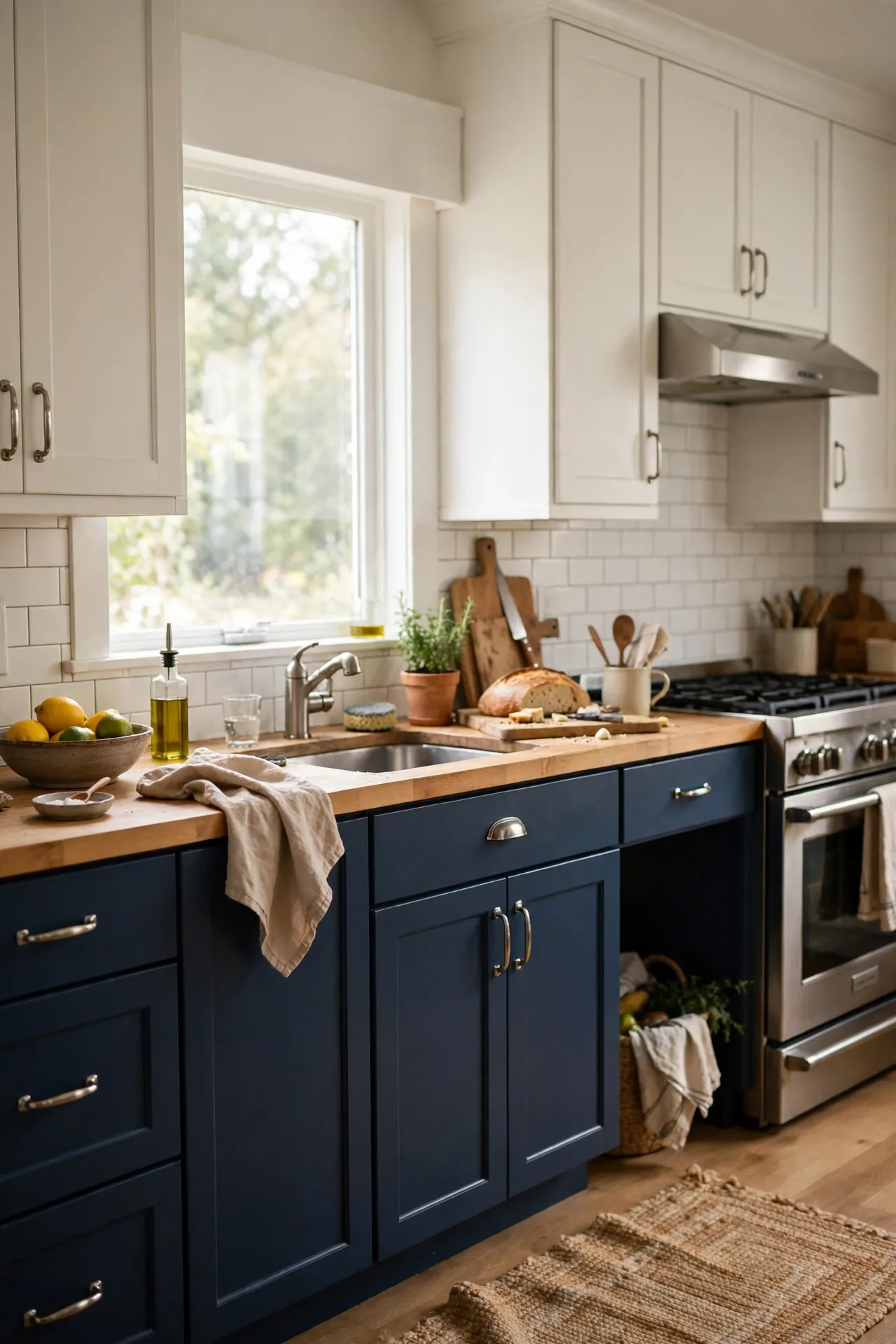 Navy blue lower cabinets with white upper kitchen cabinets