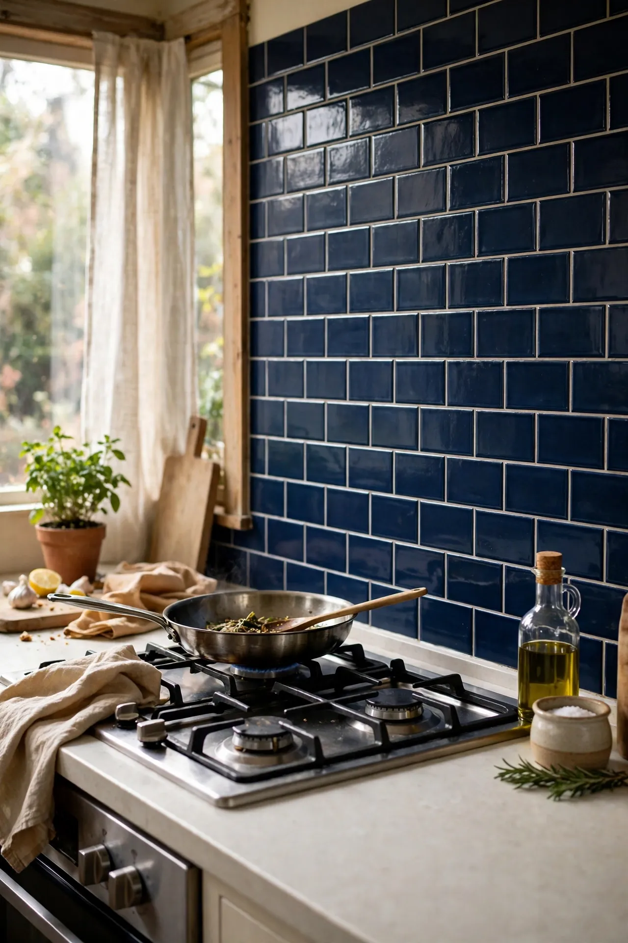 Navy blue peel-and-stick subway tiles behind kitchen hob