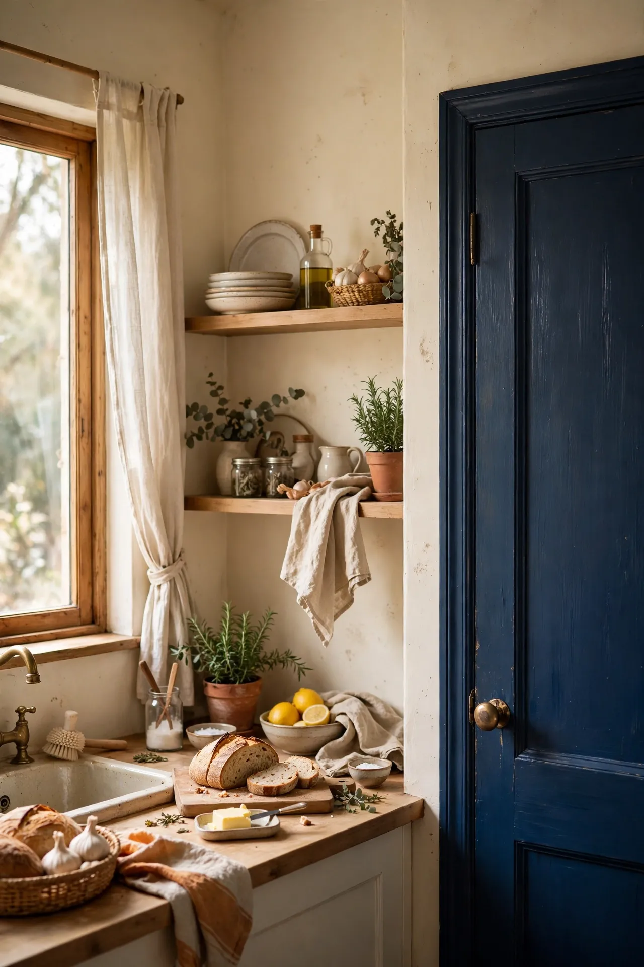 Navy blue painted pantry door with brass knob