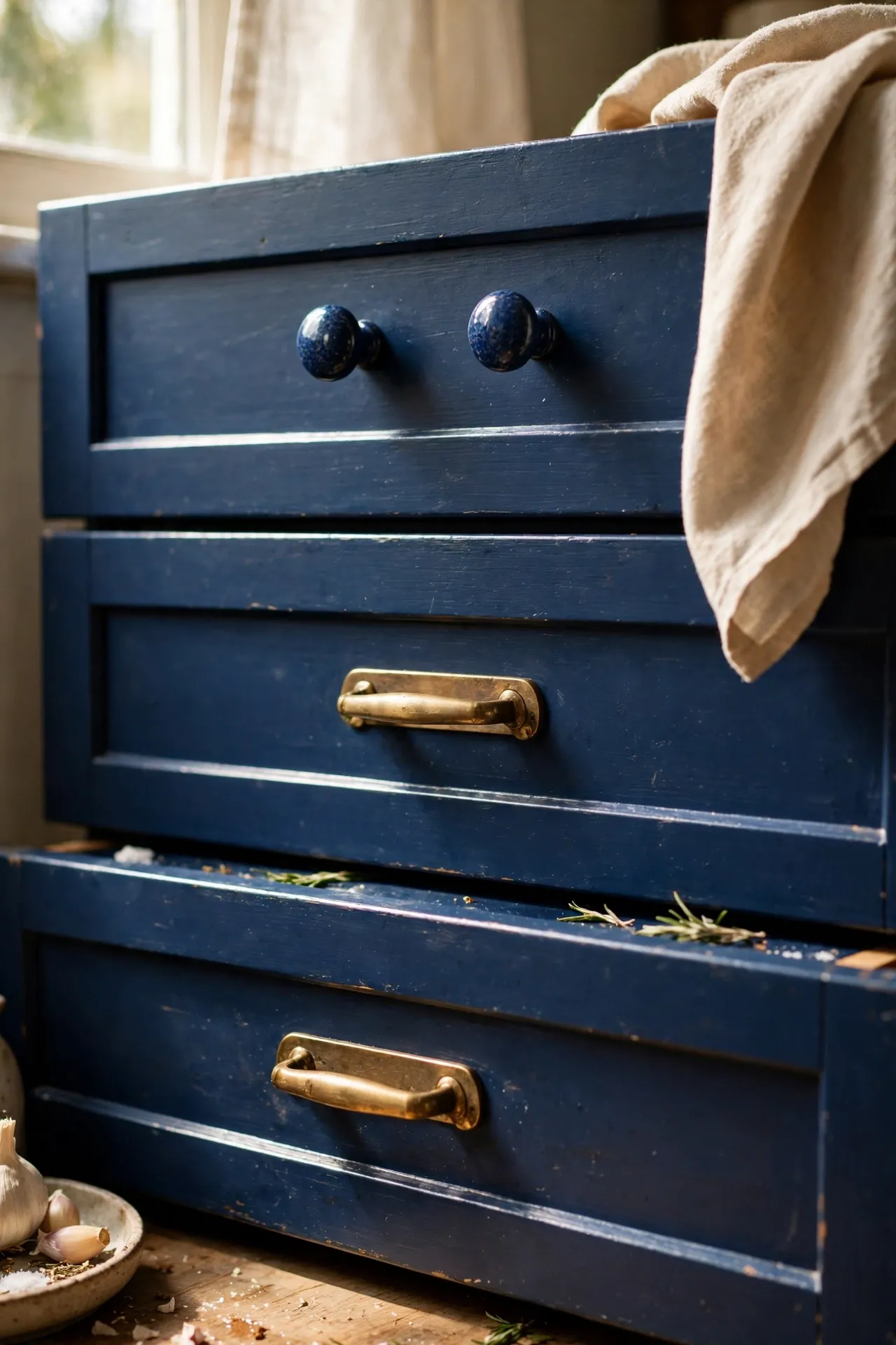 Navy ceramic knobs and brass pulls on kitchen drawers