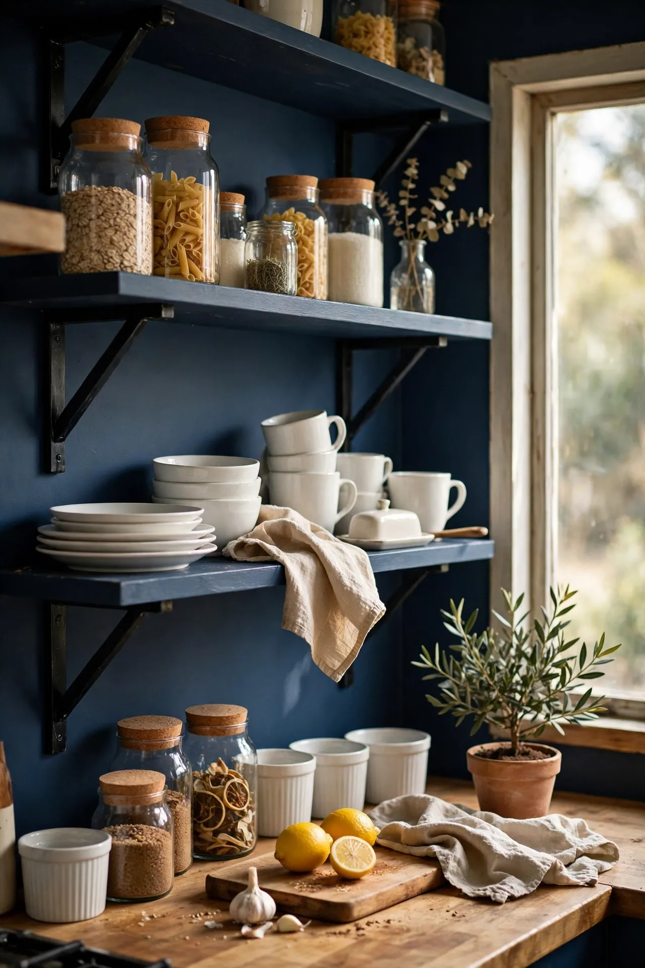 Navy blue painted open kitchen shelves with white crockery