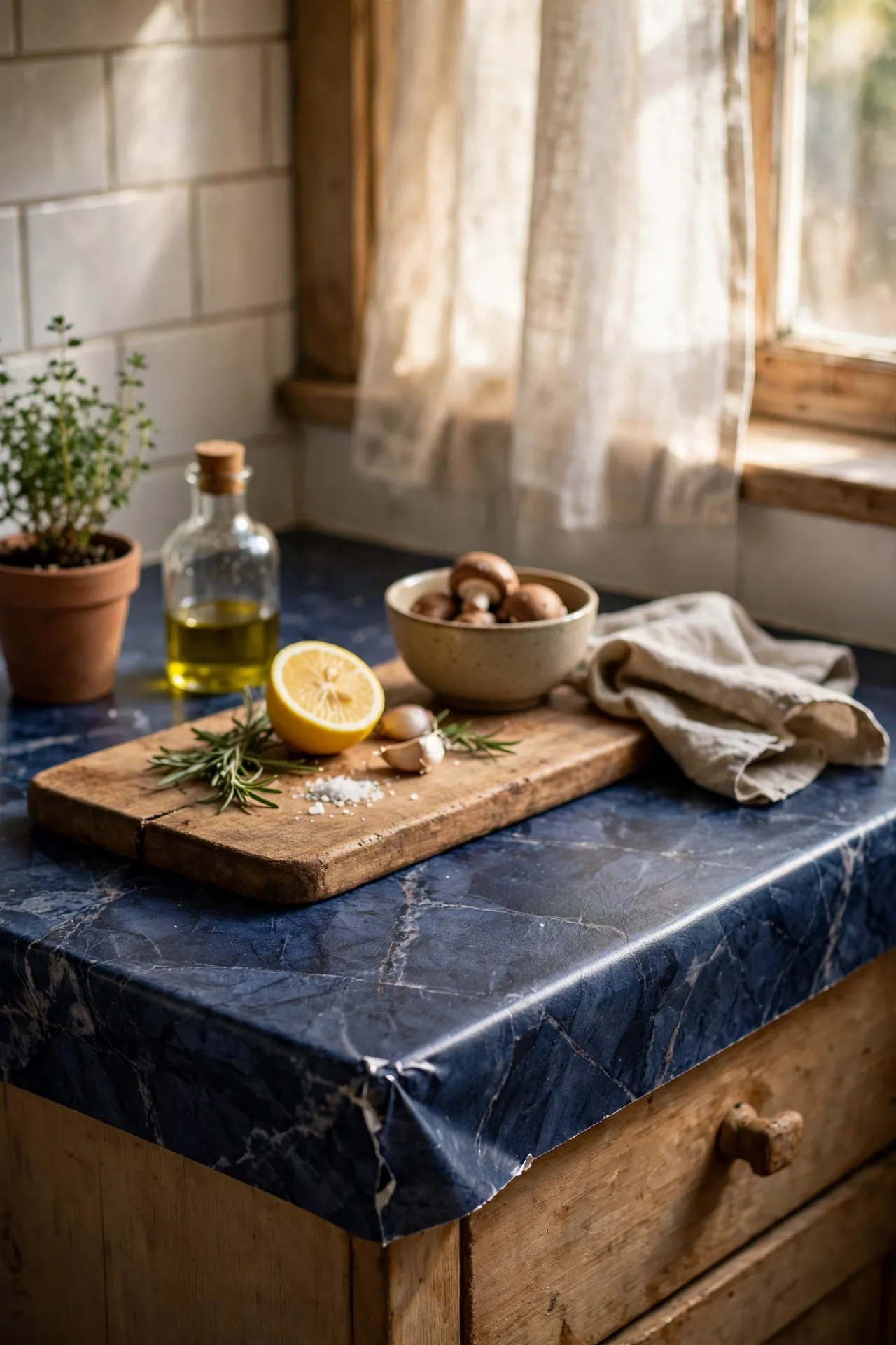 Kitchen countertop with navy marble contact paper finish