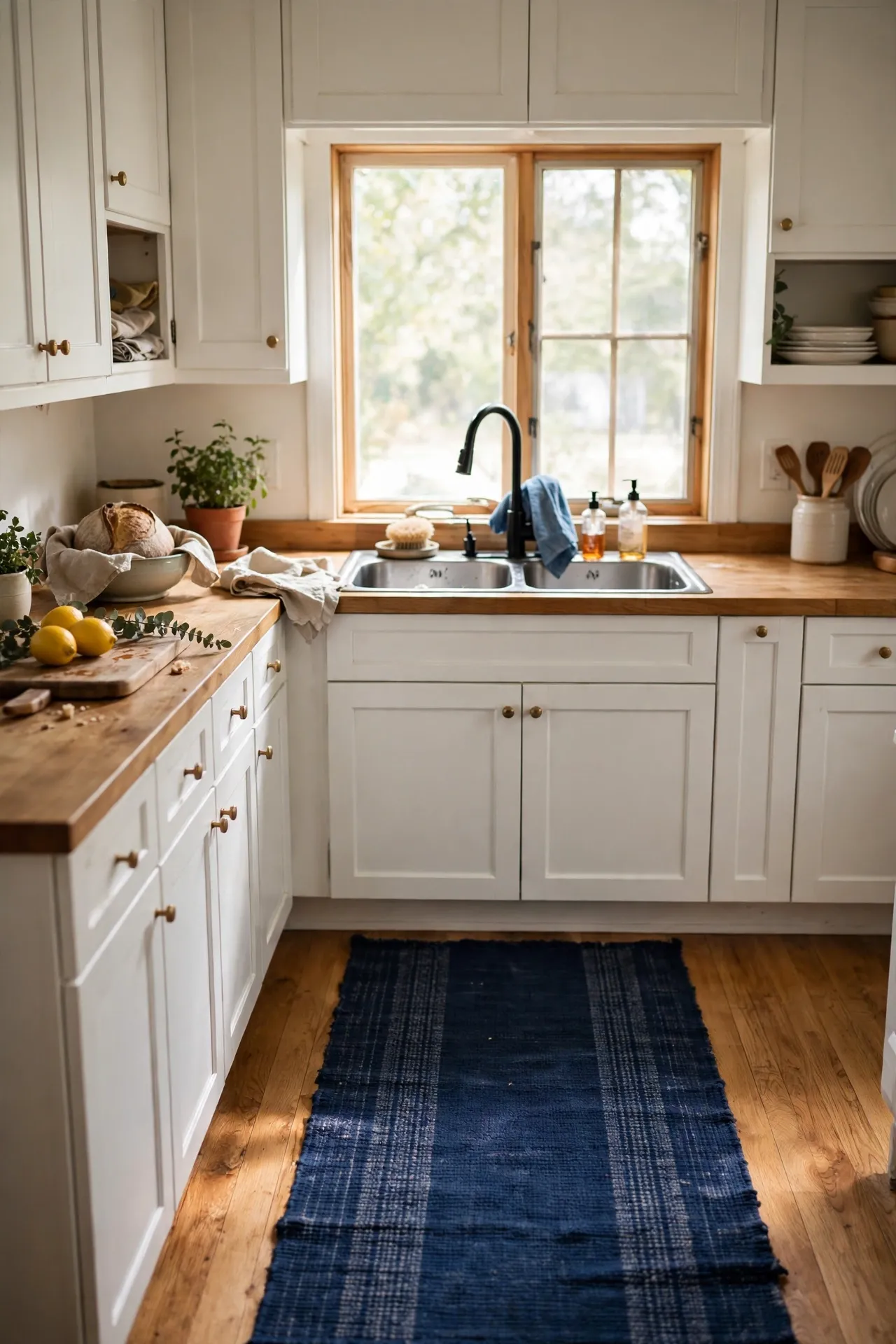 Navy blue washable runner rug in a kitchen