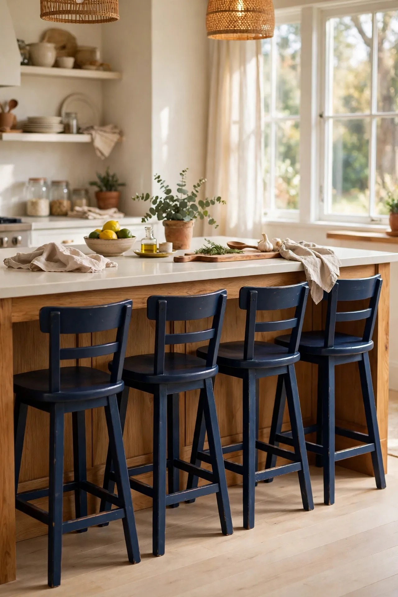 Wooden bar stools painted navy blue at kitchen island