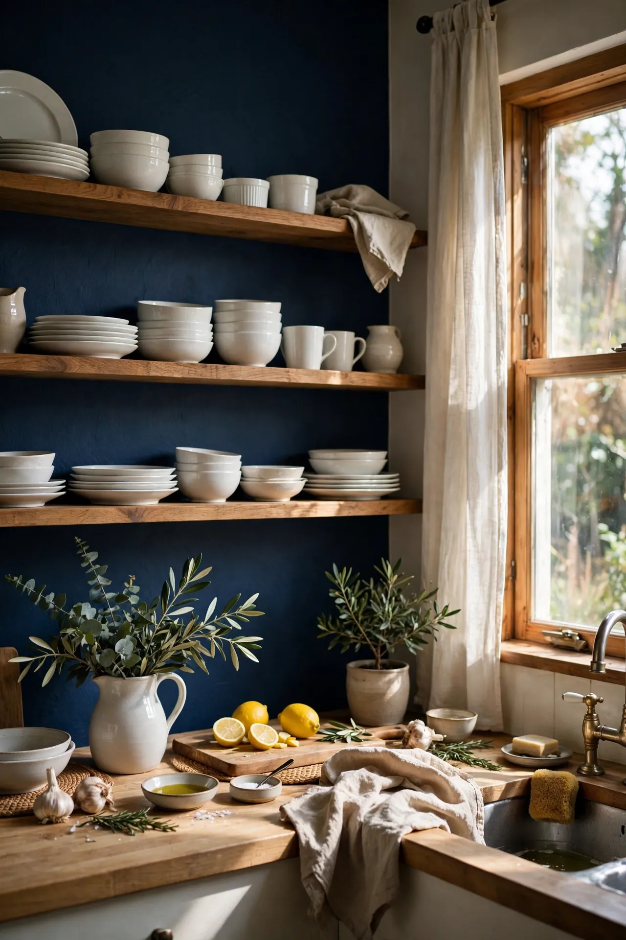 Navy blue accent wall behind open kitchen shelves