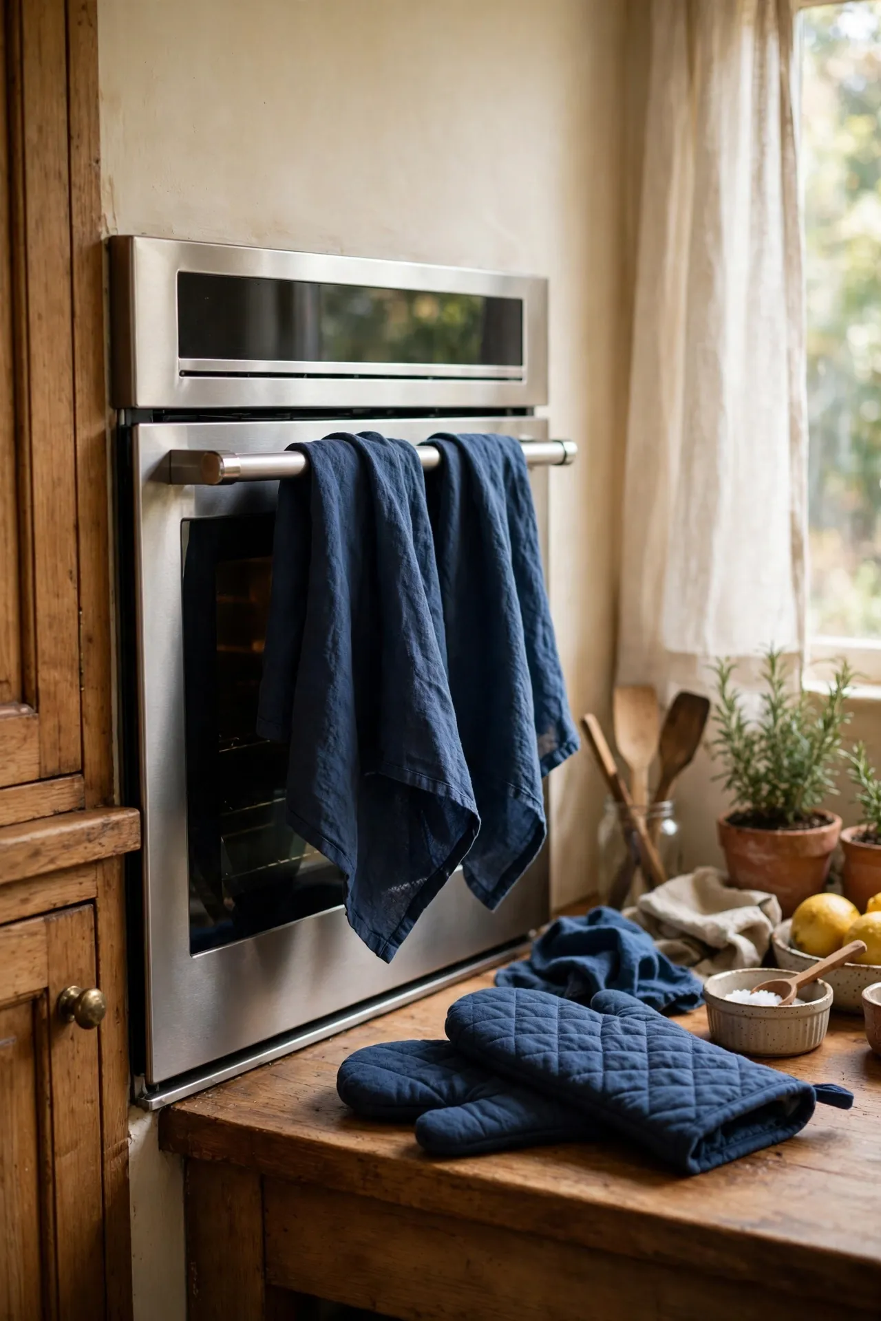 Navy blue tea towels and oven mitts in a kitchen