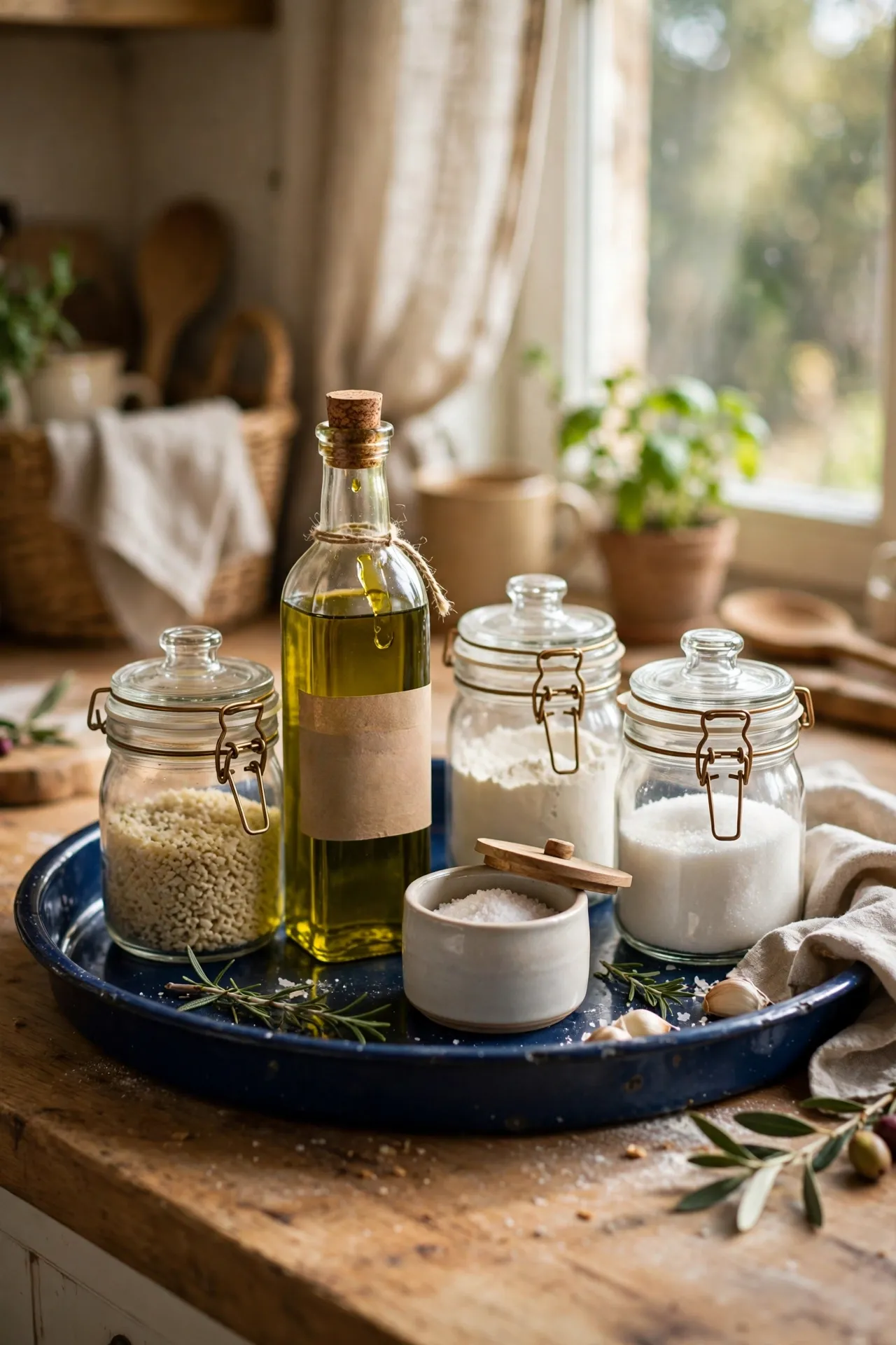 Navy blue tray styling oils and canisters on counter