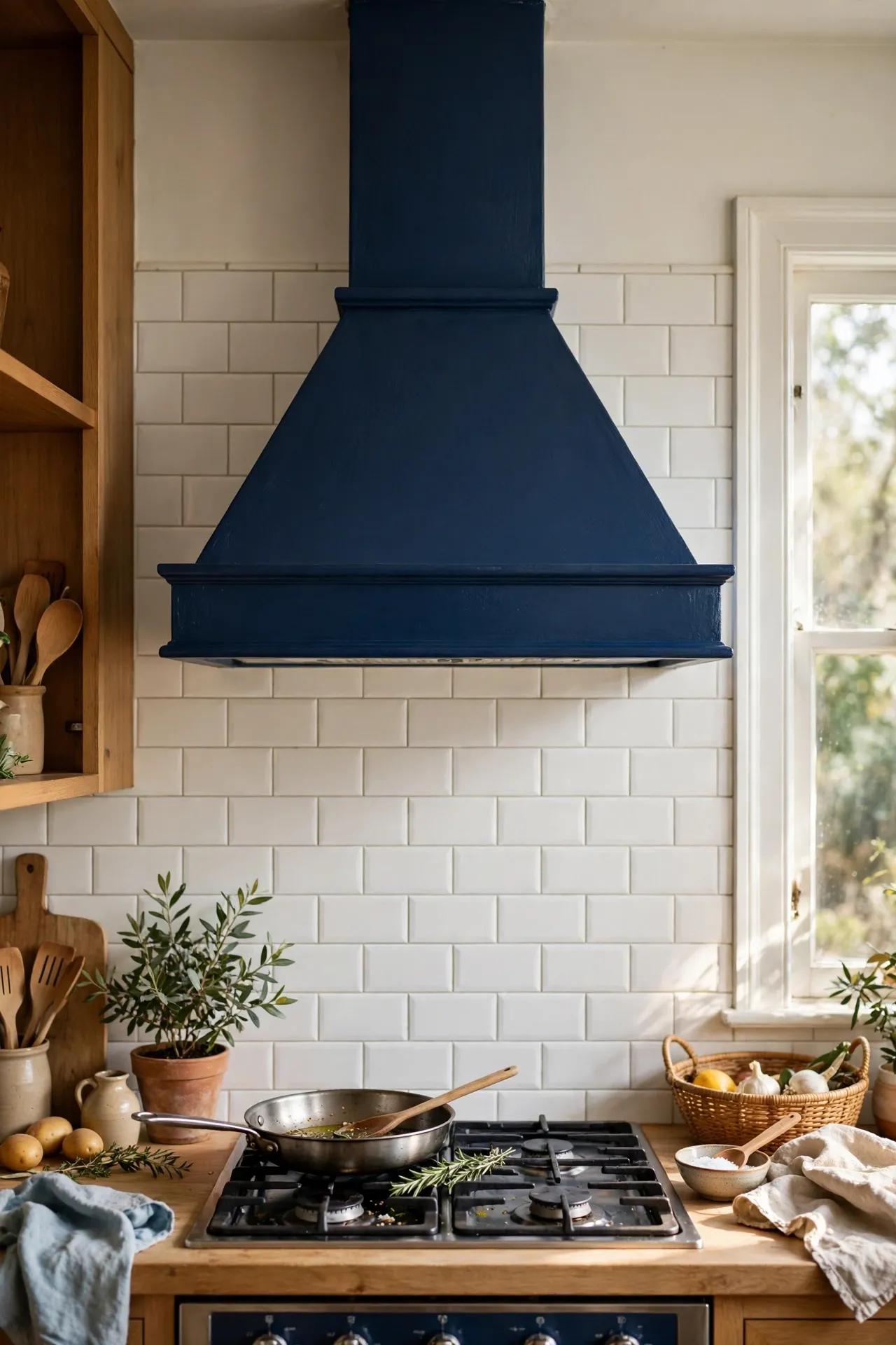 Navy blue painted range hood in a kitchen