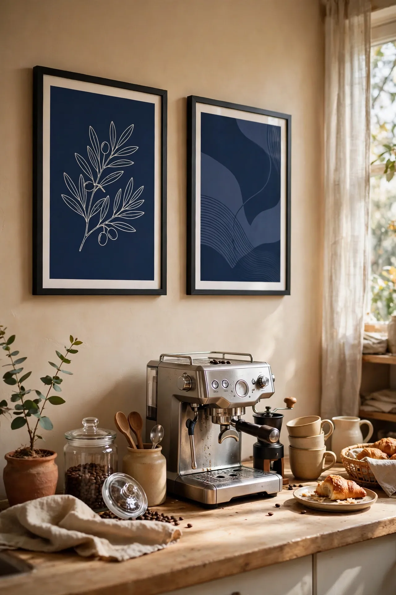 Navy toned framed art prints above kitchen counter