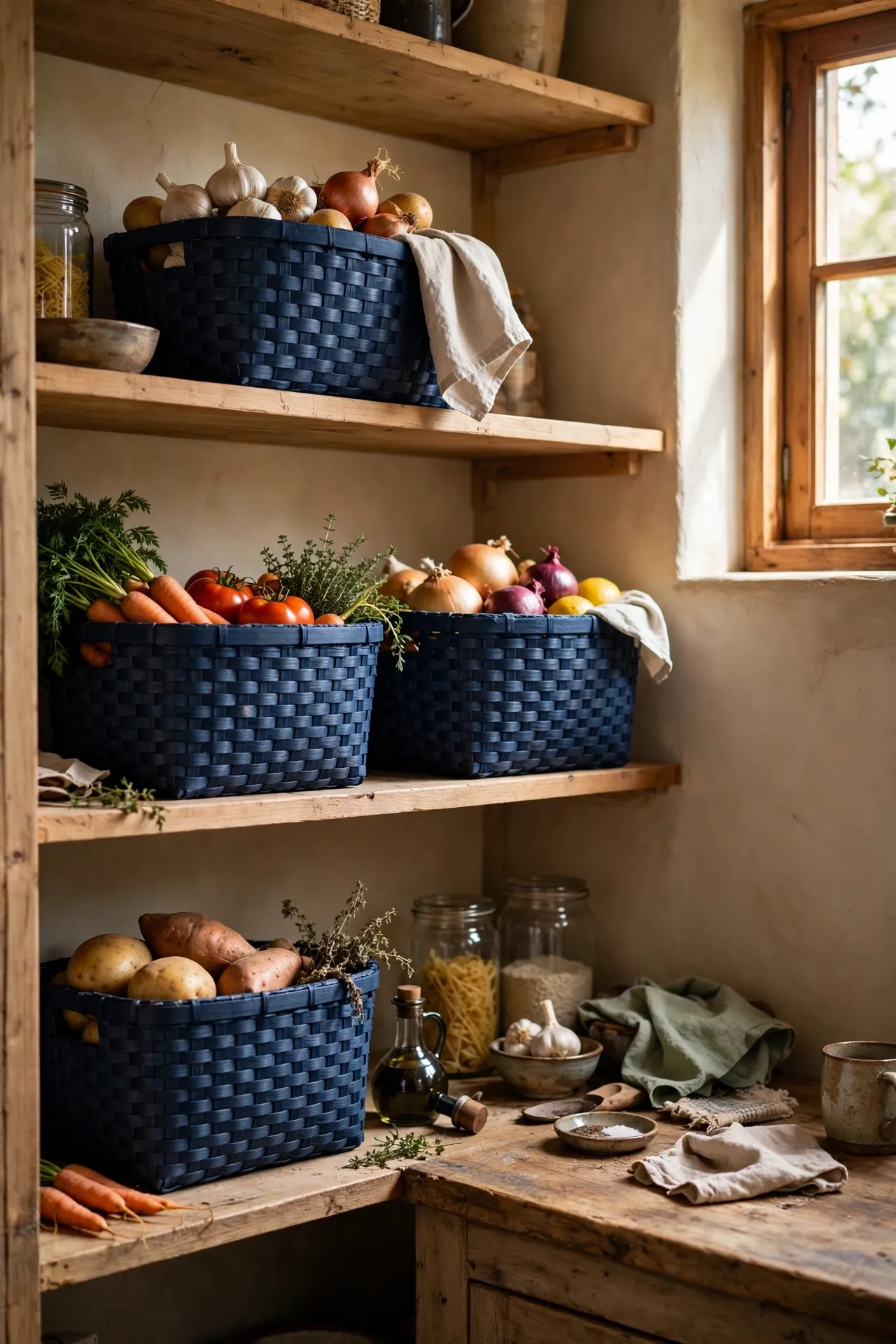 Navy blue woven storage baskets on pantry shelves