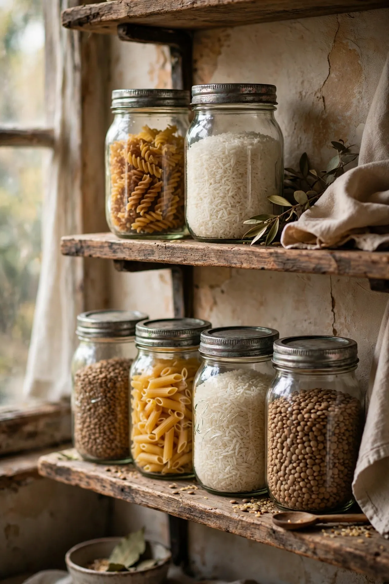 Vintage mason jars filled with pasta and grains on open kitchen shelves