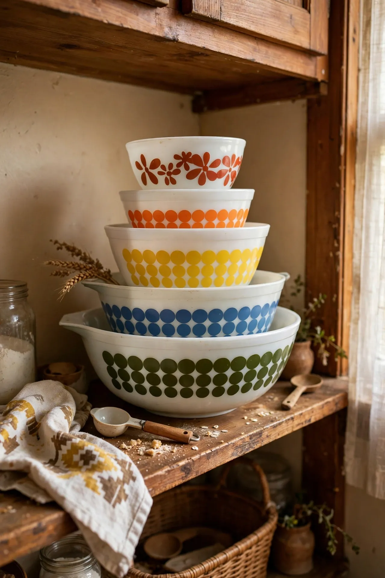 Retro patterned Pyrex mixing bowls stacked on a vintage kitchen shelf