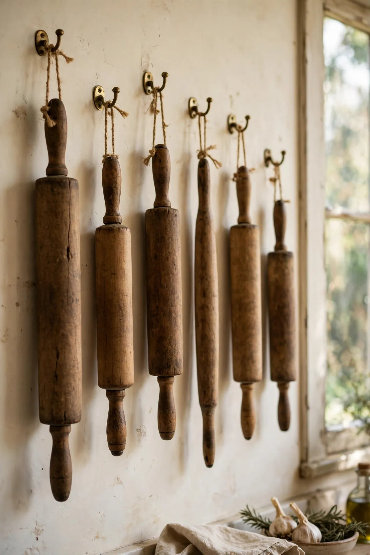 Antique wooden rolling pins hung on twine as kitchen wall decor