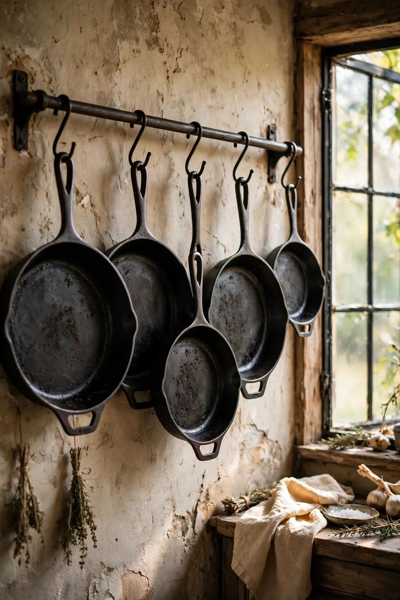 Cast iron skillets hanging on a metal wall rail in a rustic kitchen