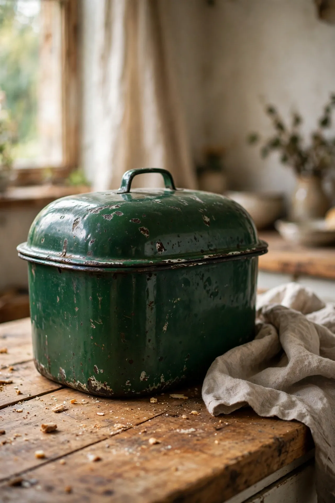 Deep green vintage enamel bread bin on a kitchen worktop