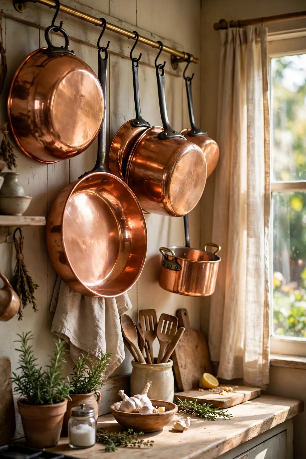 Polished vintage copper pans hanging on a kitchen wall rail