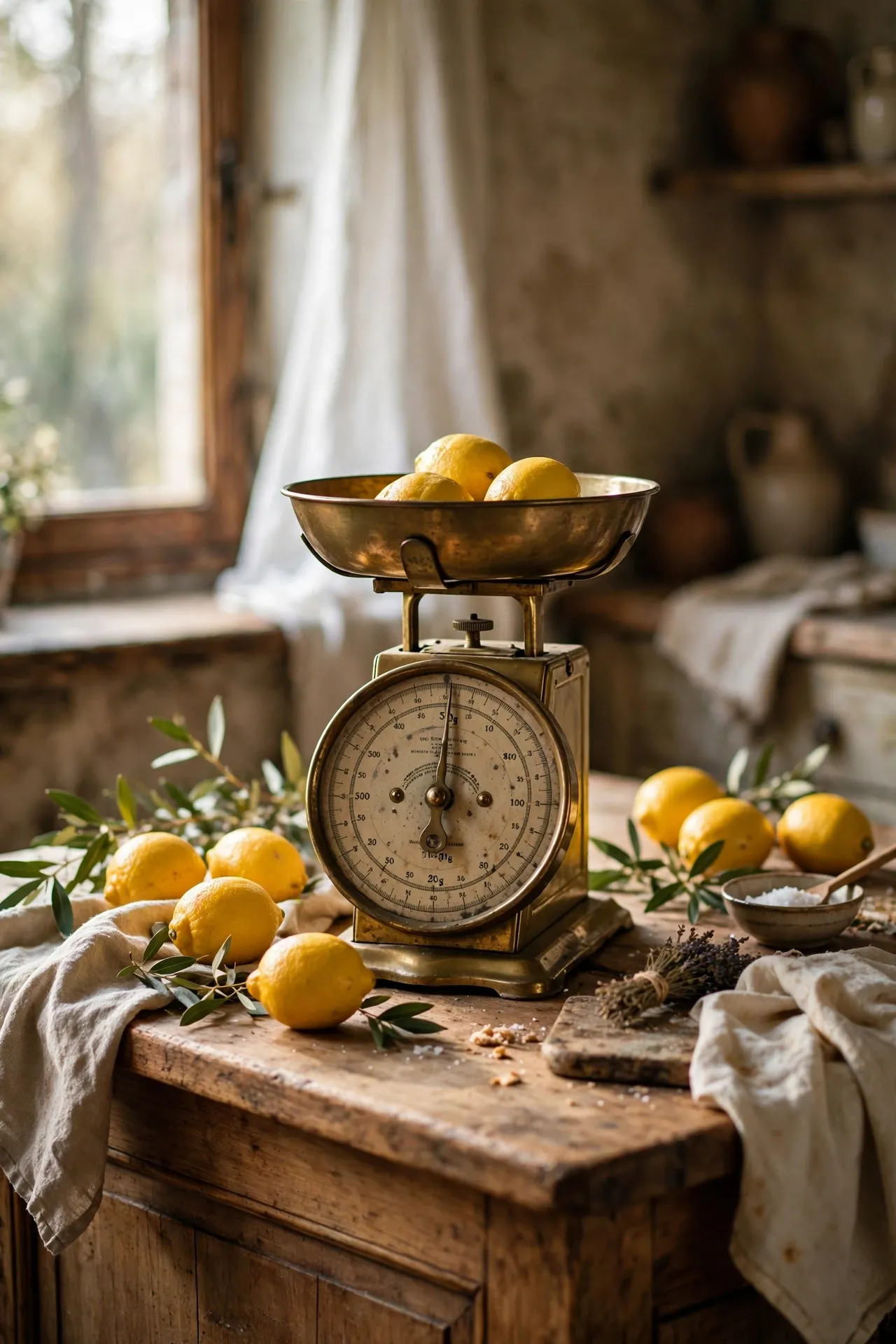 Vintage brass kitchen scales as a centrepiece on a kitchen island