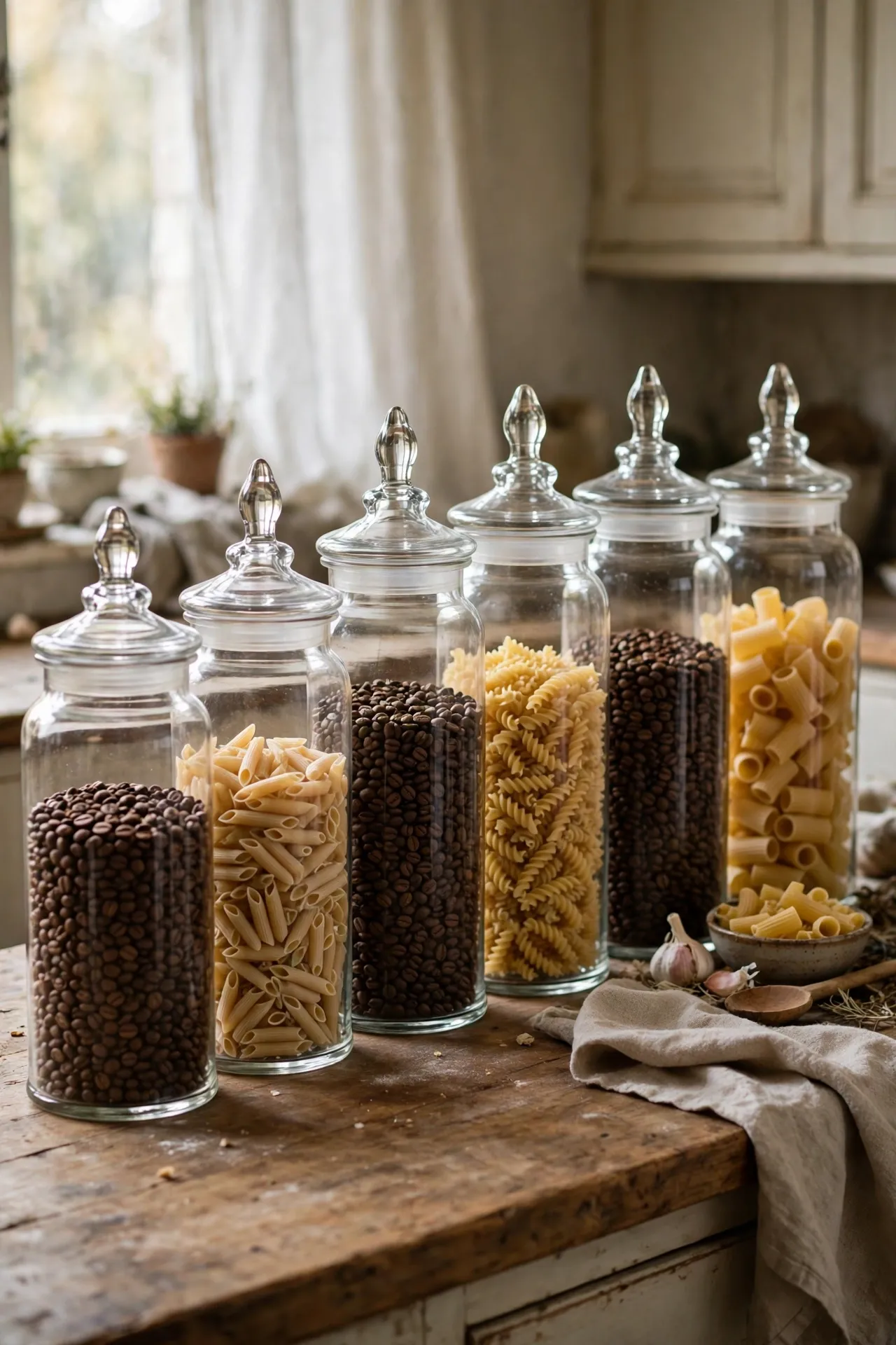 Tall glass apothecary jars filled with coffee beans on a kitchen counter