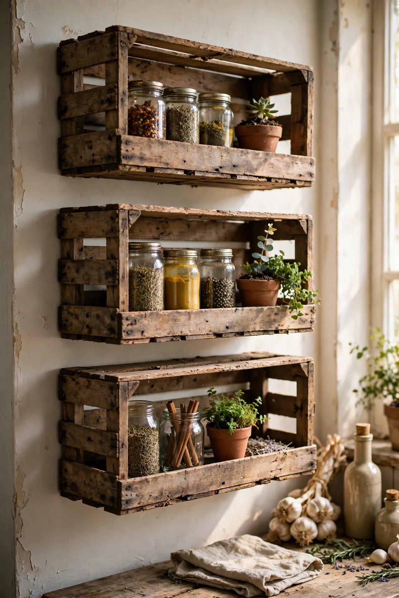 Old wooden fruit crates mounted as rustic shelves in a kitchen