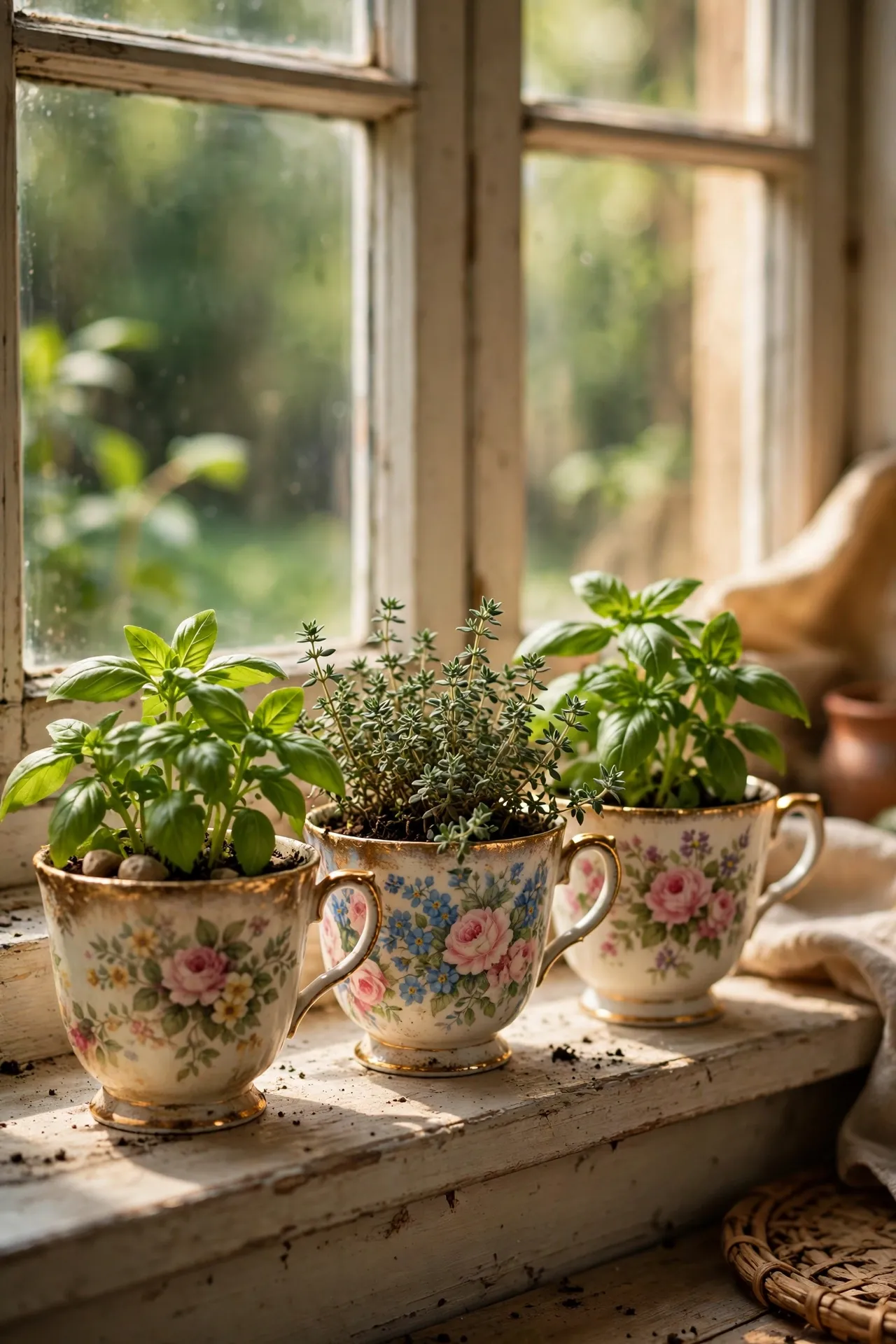 Vintage floral teacups planted with basil and thyme on a windowsill