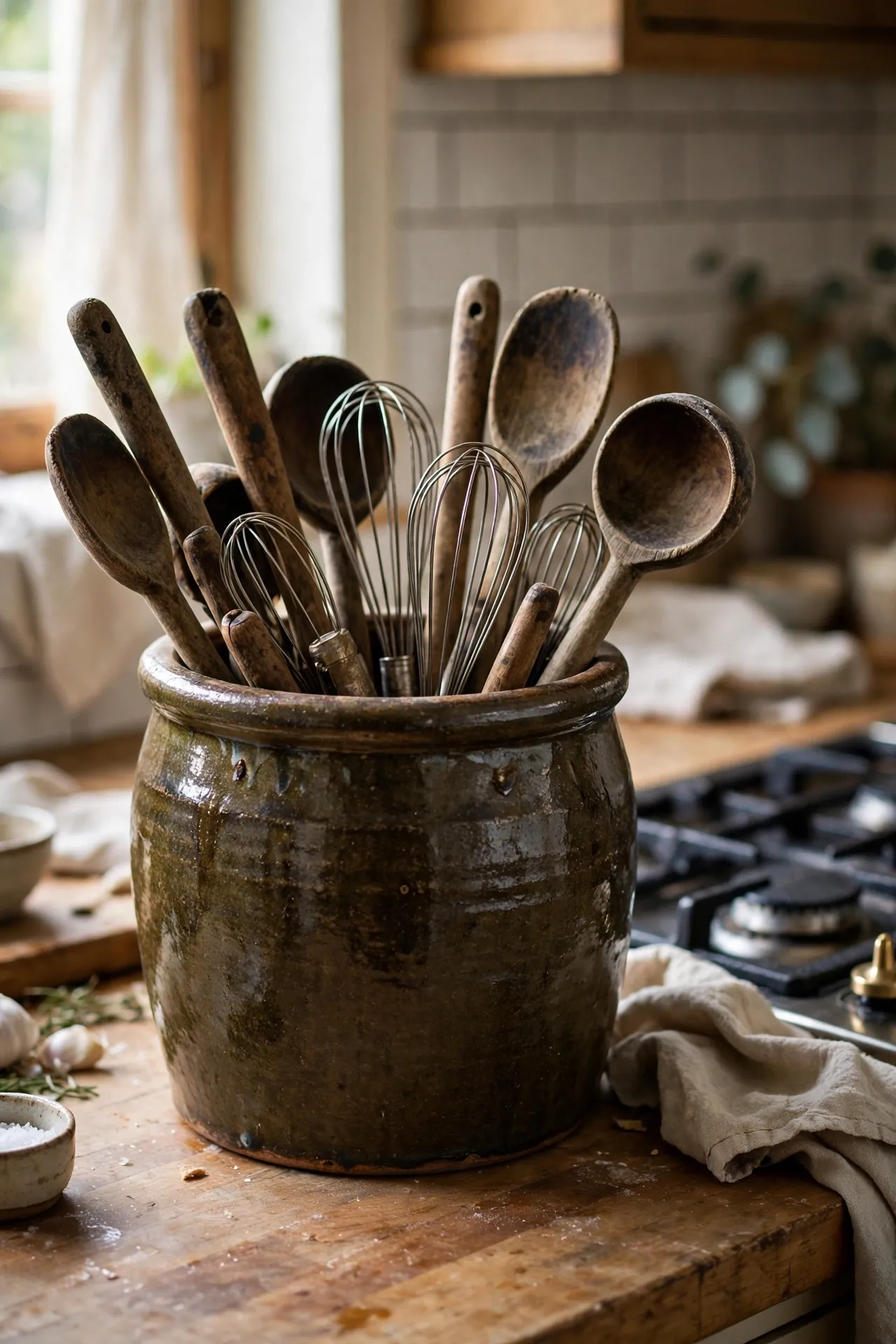 Stoneware crock filled with vintage wooden spoons and whisks by the hob